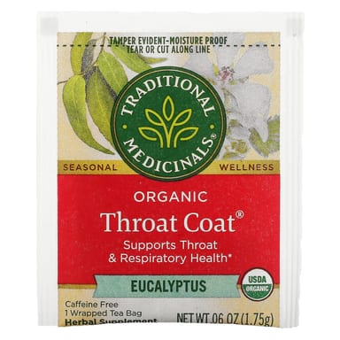 Чайные пакетики Traditional Medicinals Organic Throat Coat®, без кофеина, оттенок Eucalyptus, 28 г, 16 чайных пакетиков