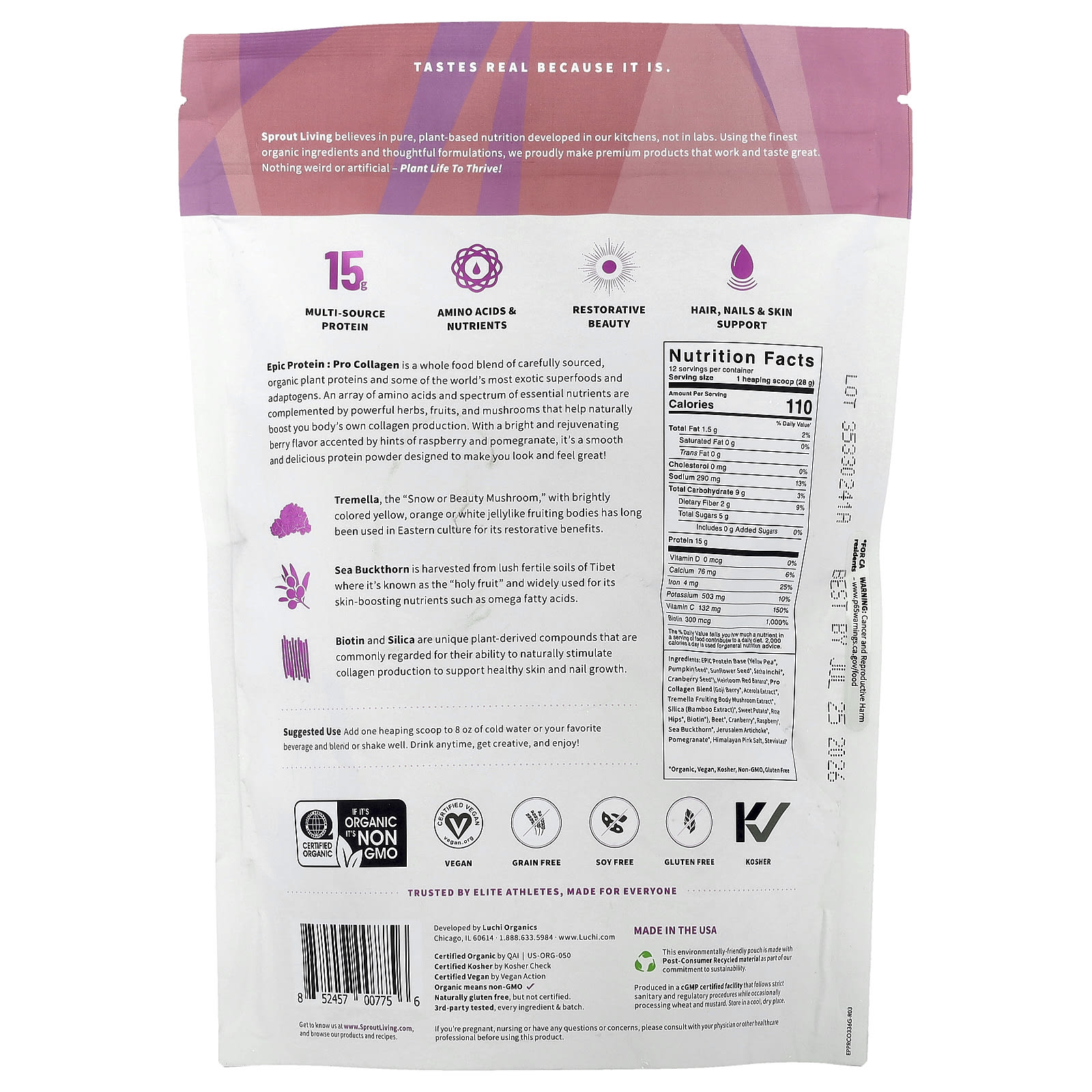 Растительный протеин Sprout Living Epic Protein® Pro Collagen Organic Superfoods, 336 г, 0. — фото 2