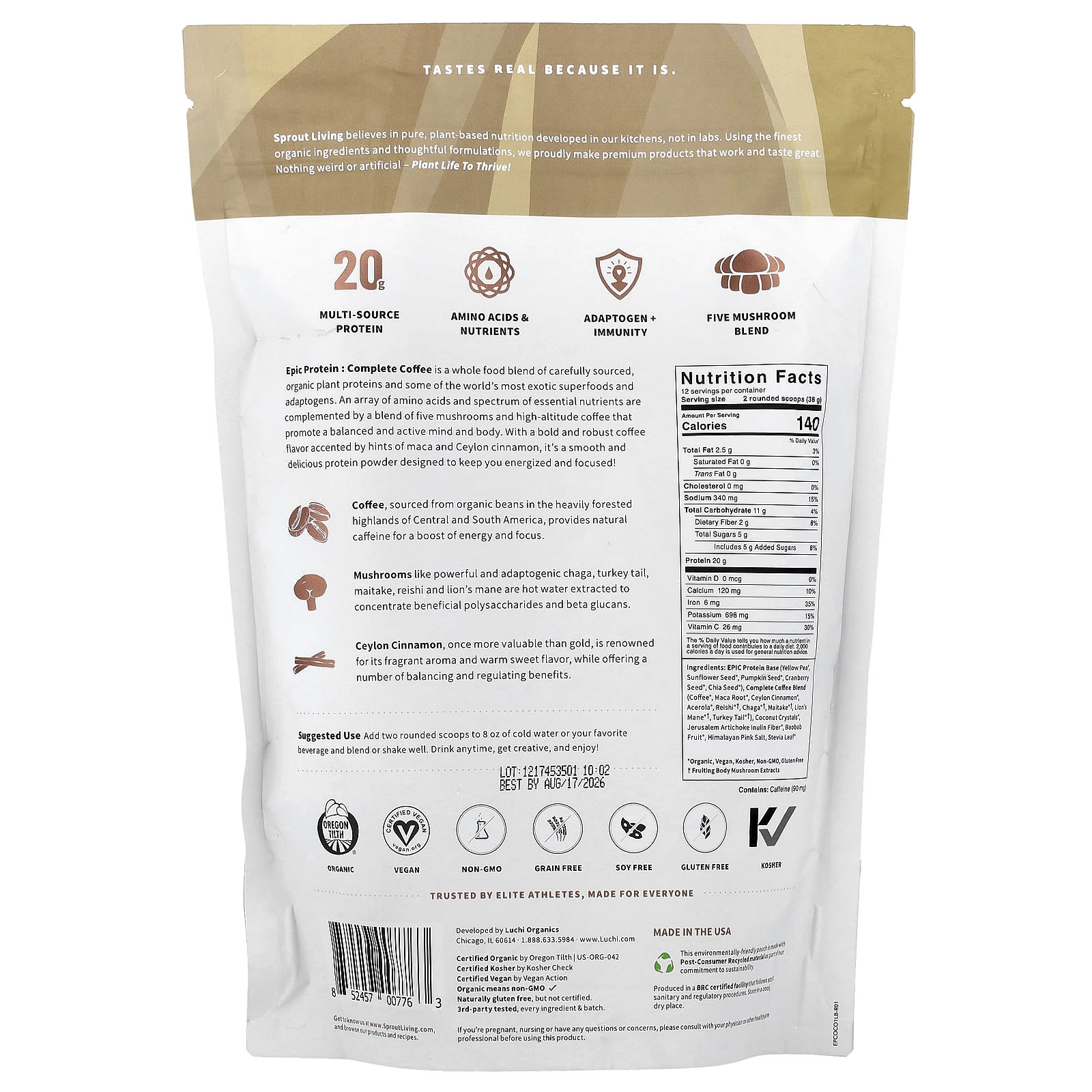 Растительный протеин Sprout Living Epic Protein® Organic Adaptogens Complete Coffee, 456 г — фото 2