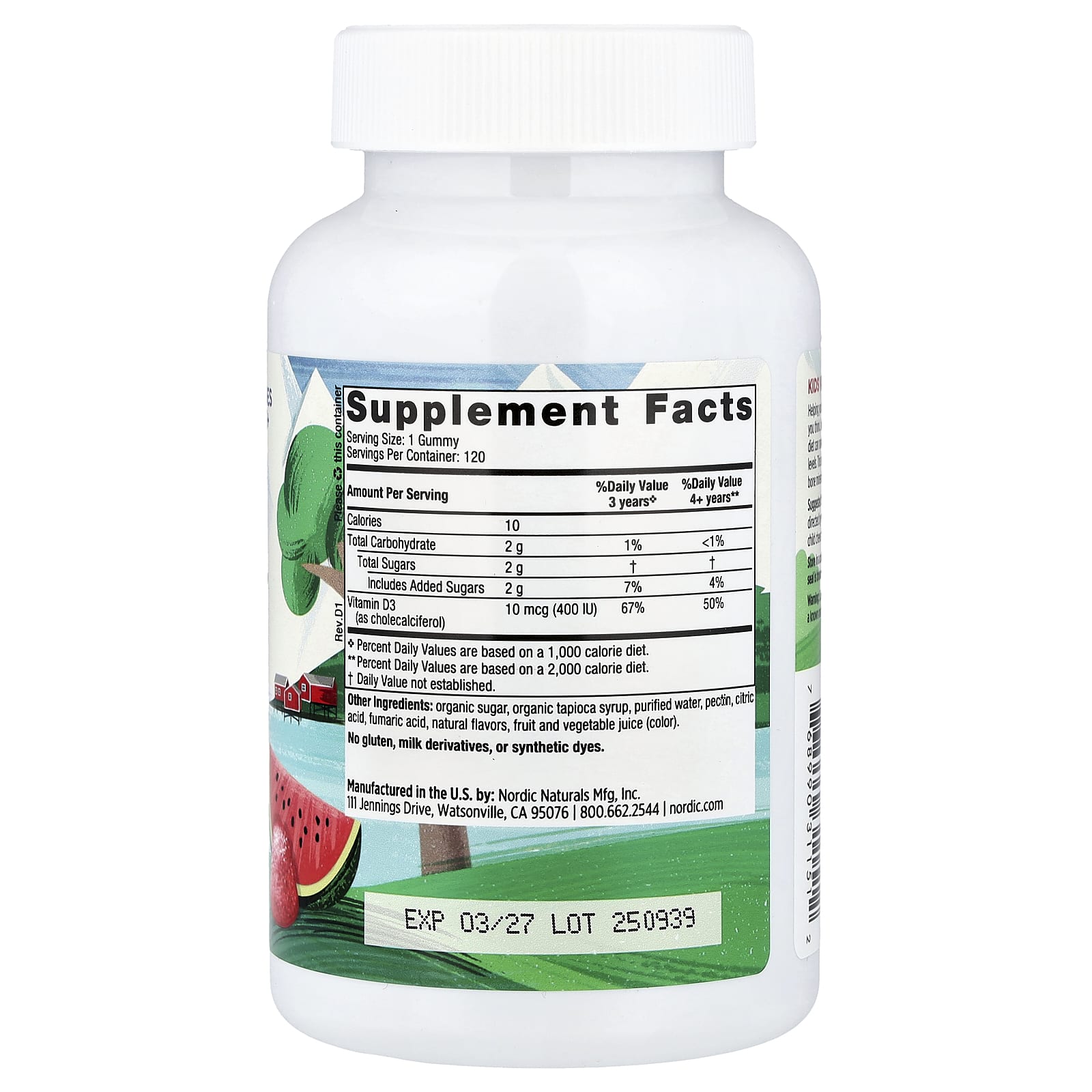 Детские витамины Nordic Naturals D3 Gummies Wild Watermelon Splash, для детей от 3 лет, 10 мкг (400 МЕ), 120 жевательных пастилок — фото 2