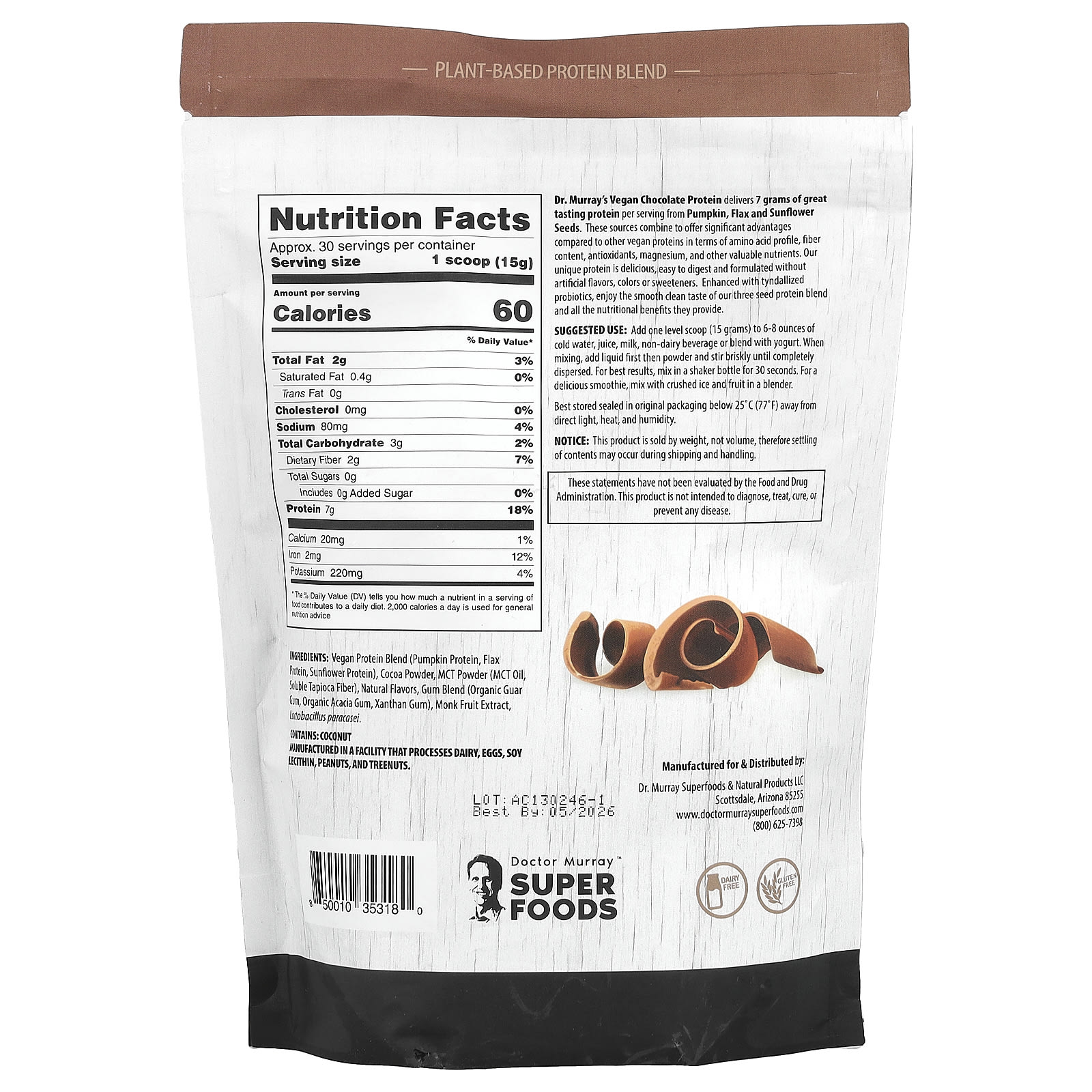 Протеиновый порошок Dr. Murray's Super Foods 3 Seed Pumpkin Flax Sunflower, вкус Chocolate, 453.5 г — фото 2