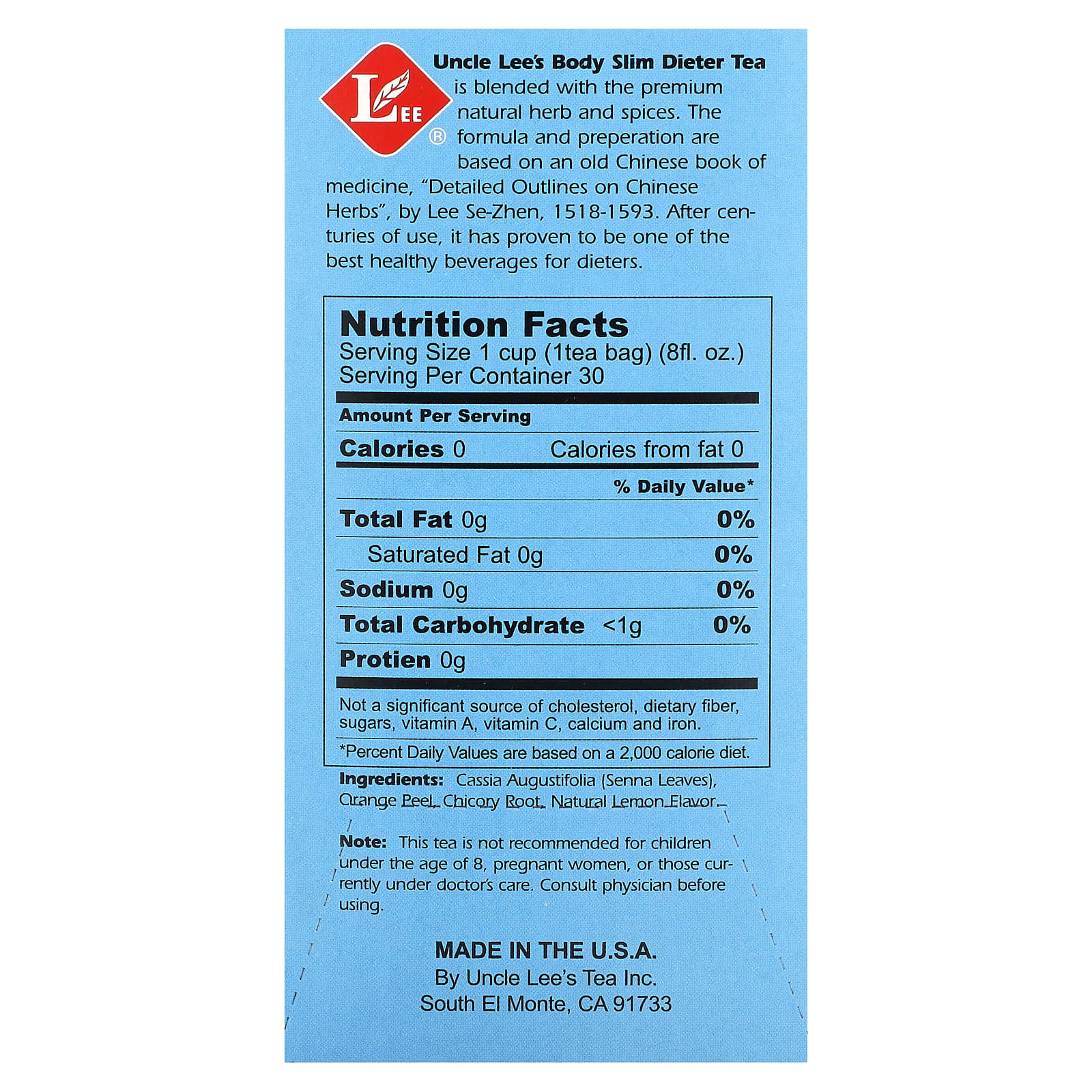 Чайные пакетики Uncle Lee's Tea Body Slim Dieter Tea 30, без кофеина, вкус Lemon, 60 г — фото 3