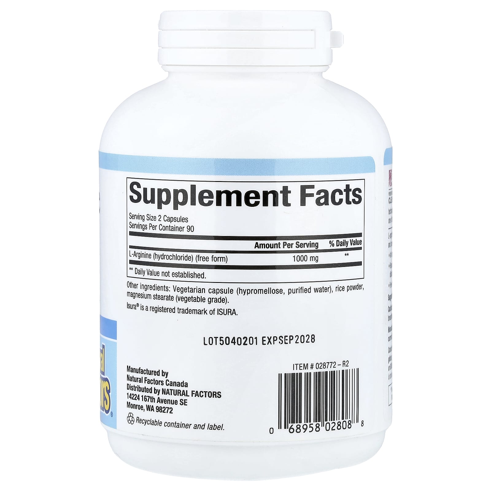 L-аргинин Natural Factors L-Arginine, 500 мг, 180 растительных капсул — фото 2