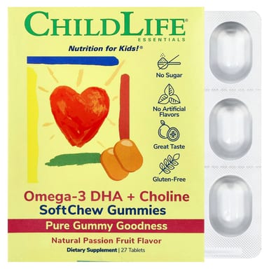 Холин ChildLife Essentials Essentials Omega-3 DHA SoftChew Gummies Passion Fruit, 27 таблеток