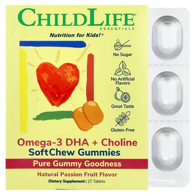 Фото товара: Холин ChildLife Essentials Essentials Omega-3 DHA SoftChew Gummies Passion Fruit, 27 таблеток
