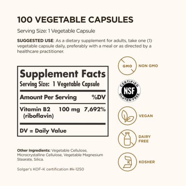 Витамин B2 Solgar (Riboflavin), 100 мг, 100 растительных капсул