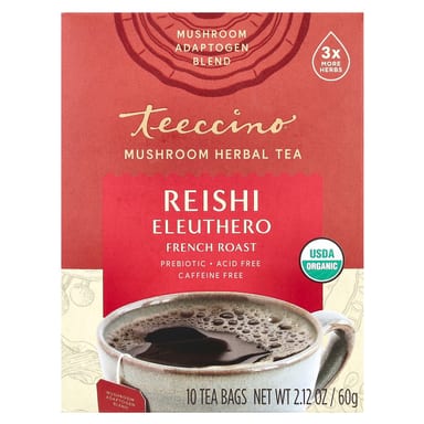 Травяной чай Teeccino Mushroom Reishi Eleuthero French Roast 10 Tea Bags, без кофеина, 60 г, чайные пакетики