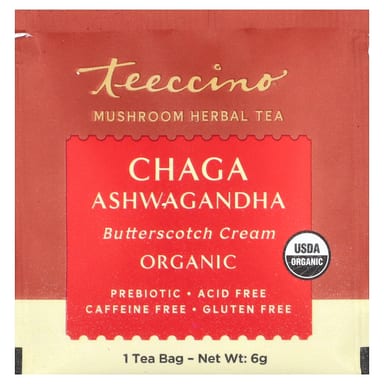 Ашваганда Teeccino Organic Mushroom Herbal Tea Chaga Butterscotch Cream 10 Tea Bags, без кофеина, 60 г, чайные пакетики