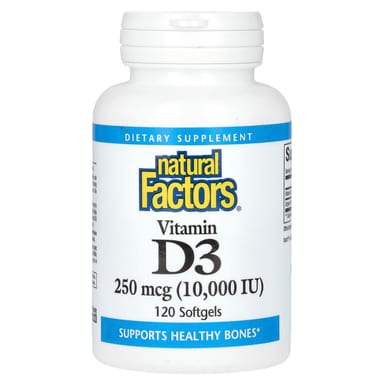 Витамин D3 Natural Factors, 250 мкг (10000 МЕ), 120 мягких капсул