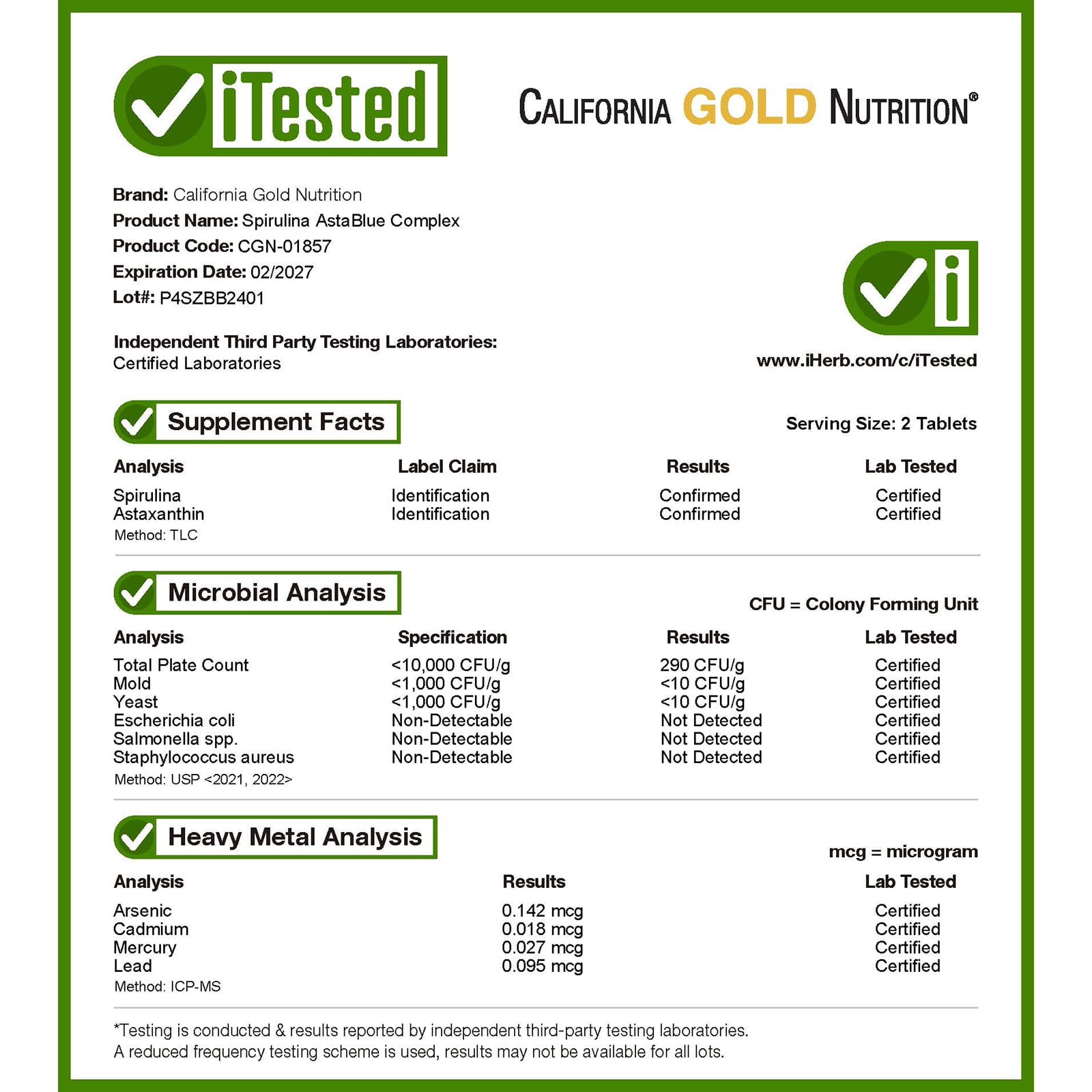 Спирулина California Gold Nutrition Organic AstaBlue Complex Blend, 60 таблеток