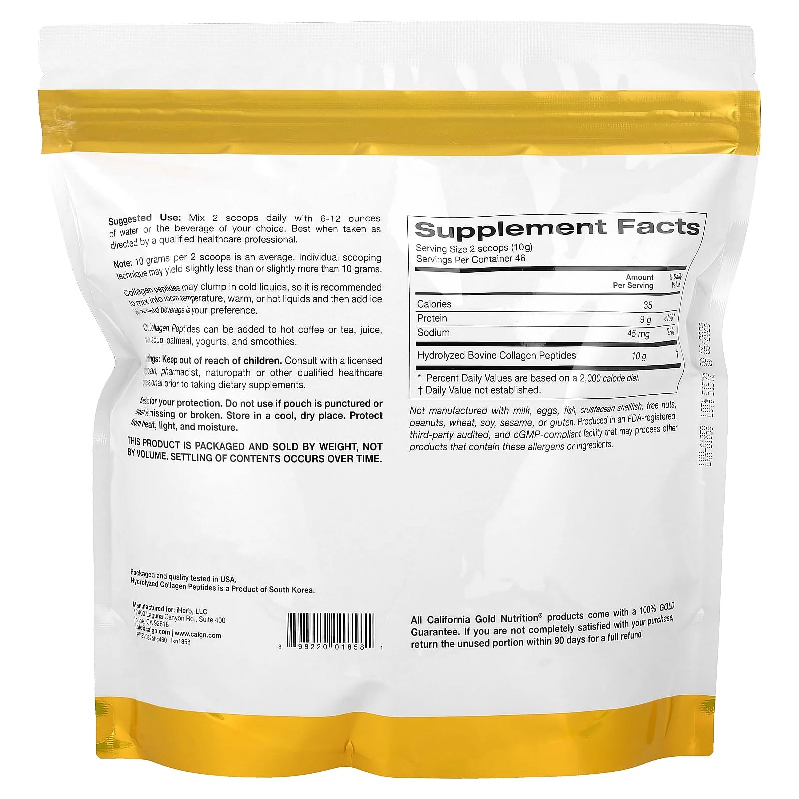 Коллаген California Gold Nutrition Hydrolyzed Peptides Type I & III, без вкуса, 460 г, 1. — фото 3