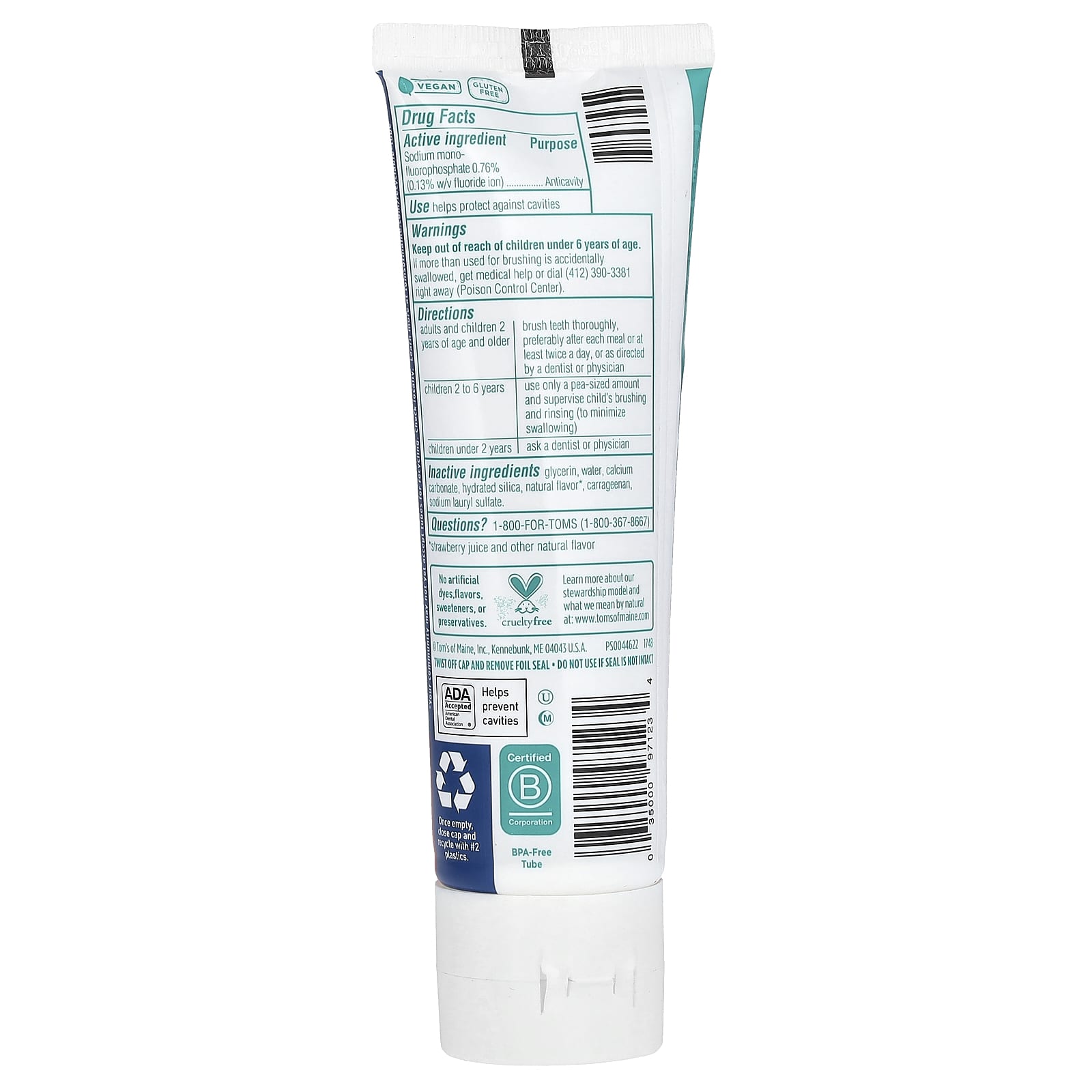 Детская зубная паста Tom's of Maine Natural Fluoride Anticavity Silly Strawberry, для детей от 2 лет, 144 г — фото 2