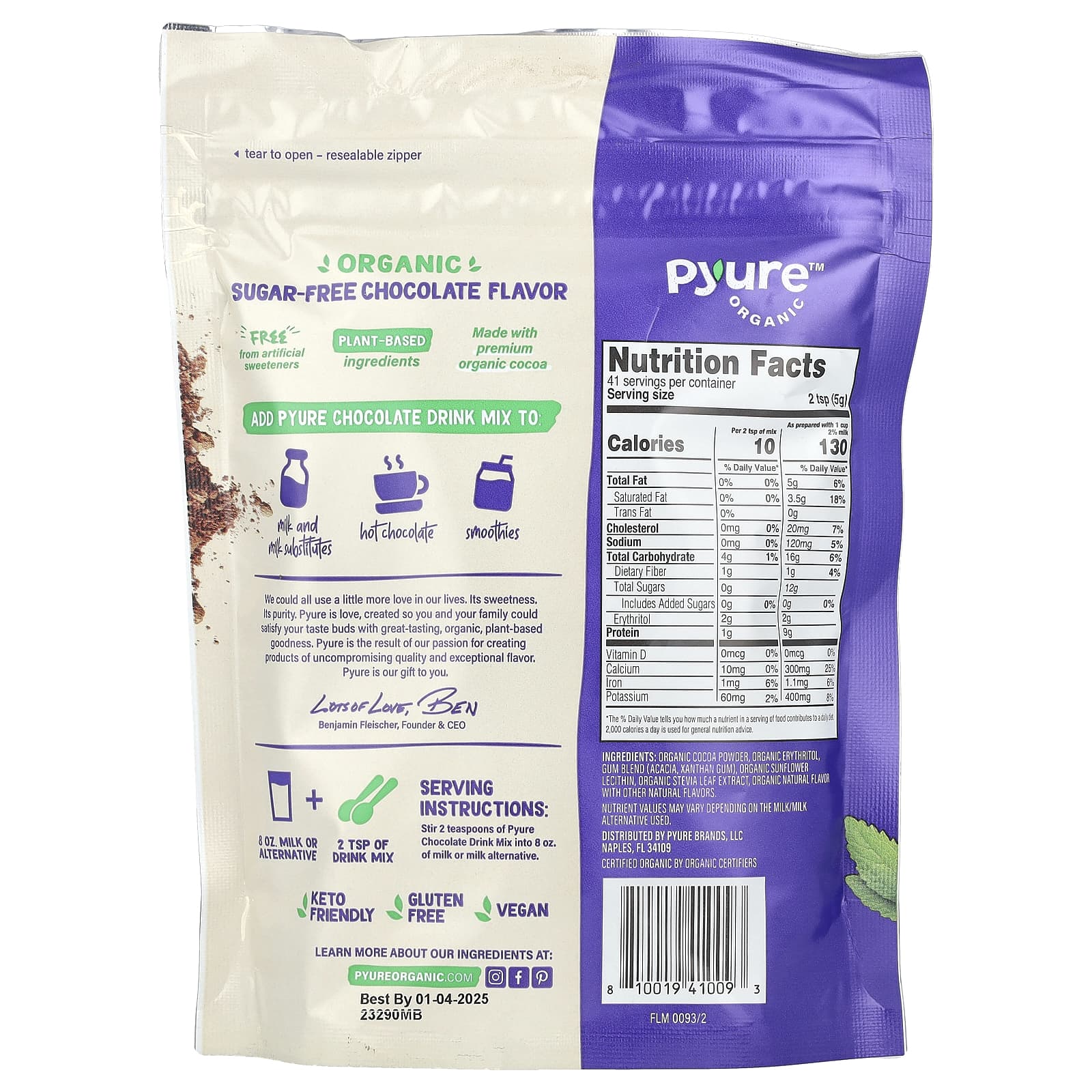 Шоколад Pyure, вкус Organic Chocolate Drink Mix, 205 г, смесь для напитка — фото 2