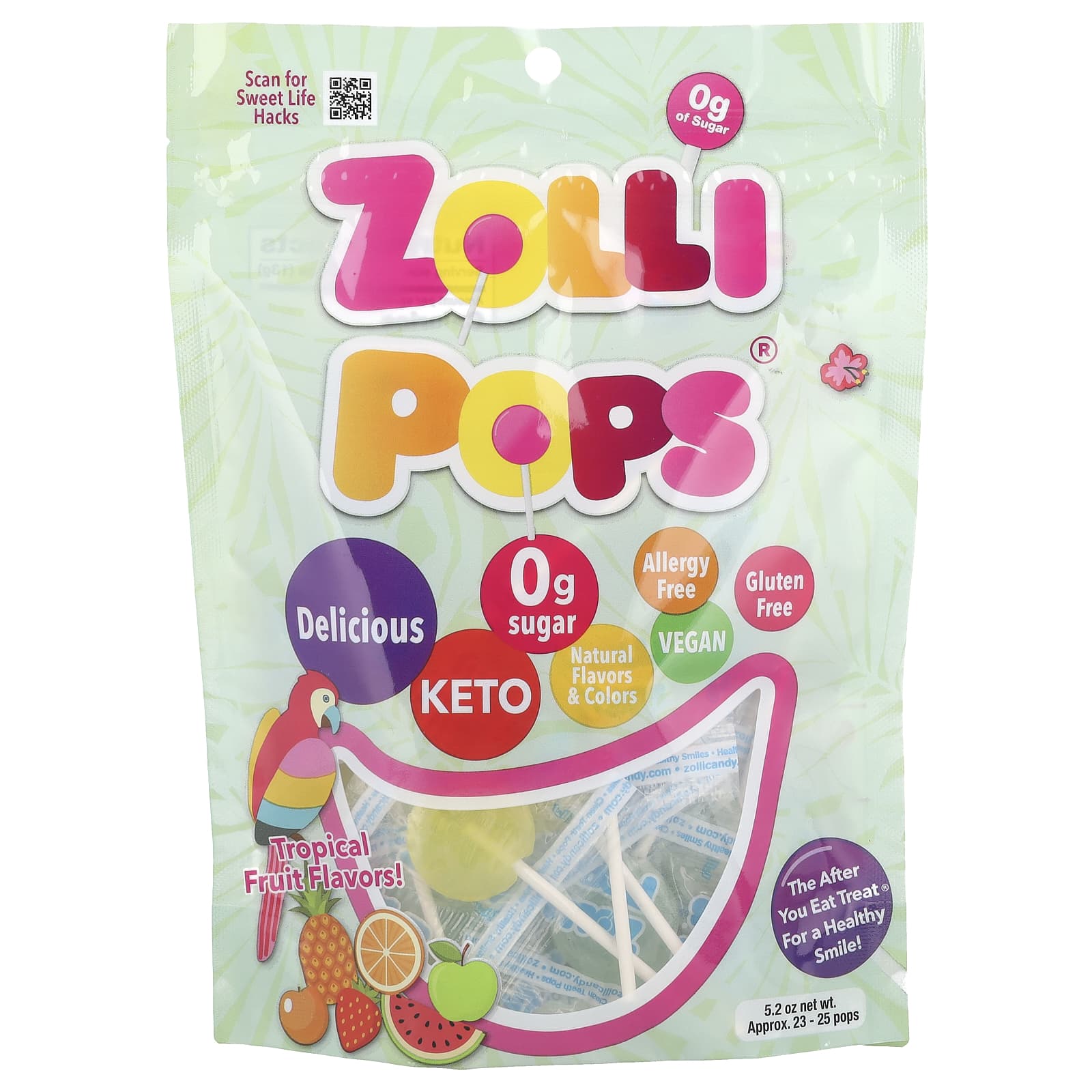 Конфеты для чистки зубов Zollipops, тропический фрукт, примерно 23-25 штук, 5.2 унции