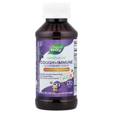 Фото товара: Бузина Nature's Way Sambucus® Cough Immune Syrup With Organic Honey, бузина, для детей от 2 лет, 120 мл