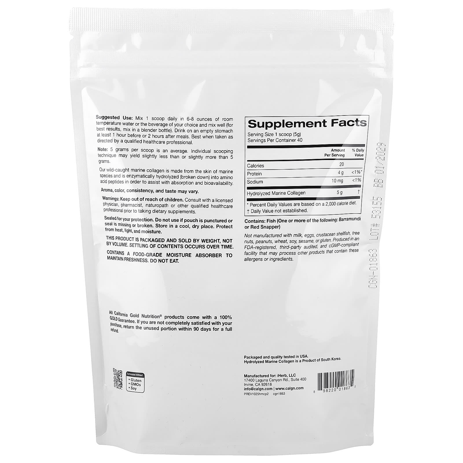 Коллаген California Gold Nutrition Hydrolyzed Marine Peptides, без вкуса, 200 г — фото 7