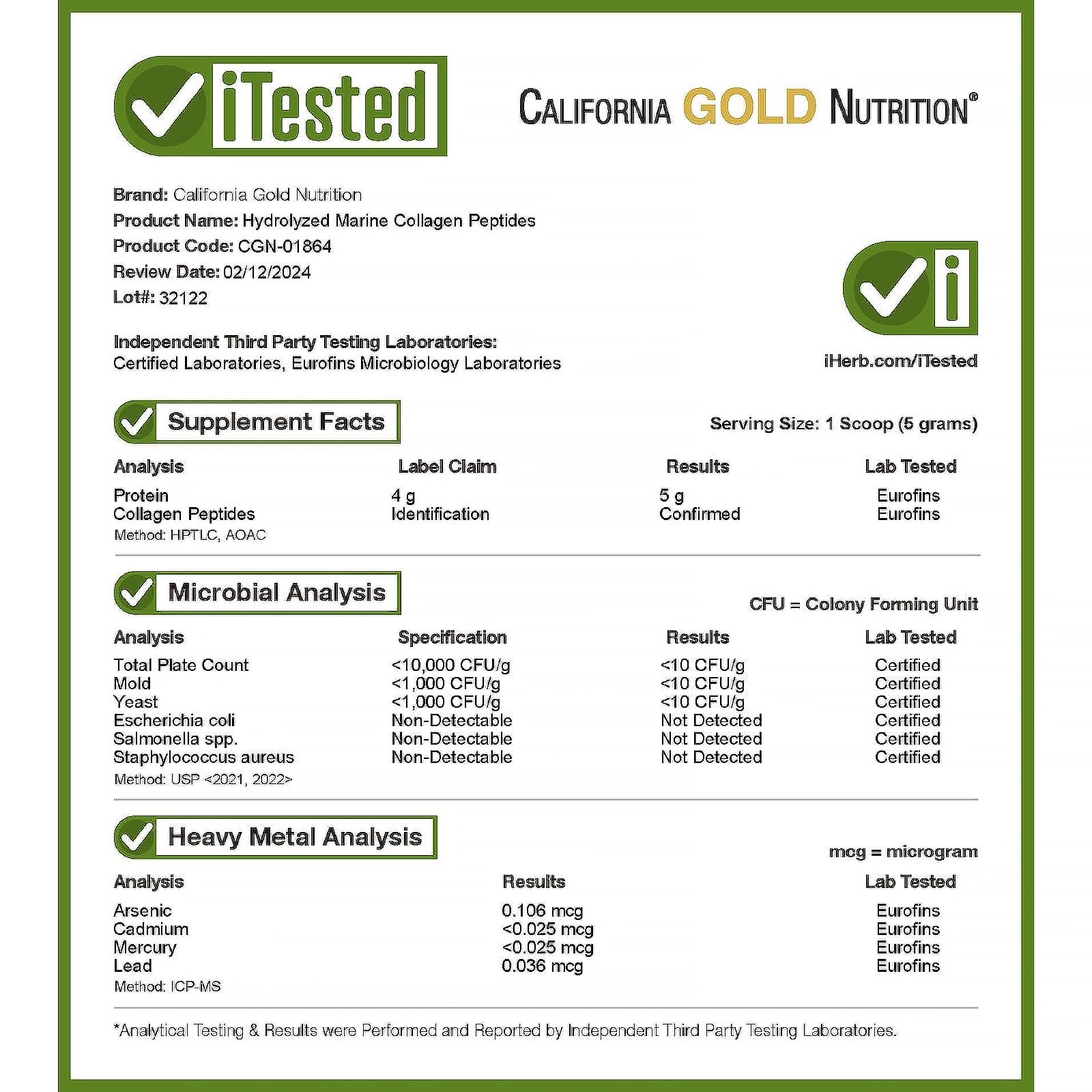 Коллаген California Gold Nutrition Hydrolyzed Marine Peptides, без вкуса, 500 г, 1.