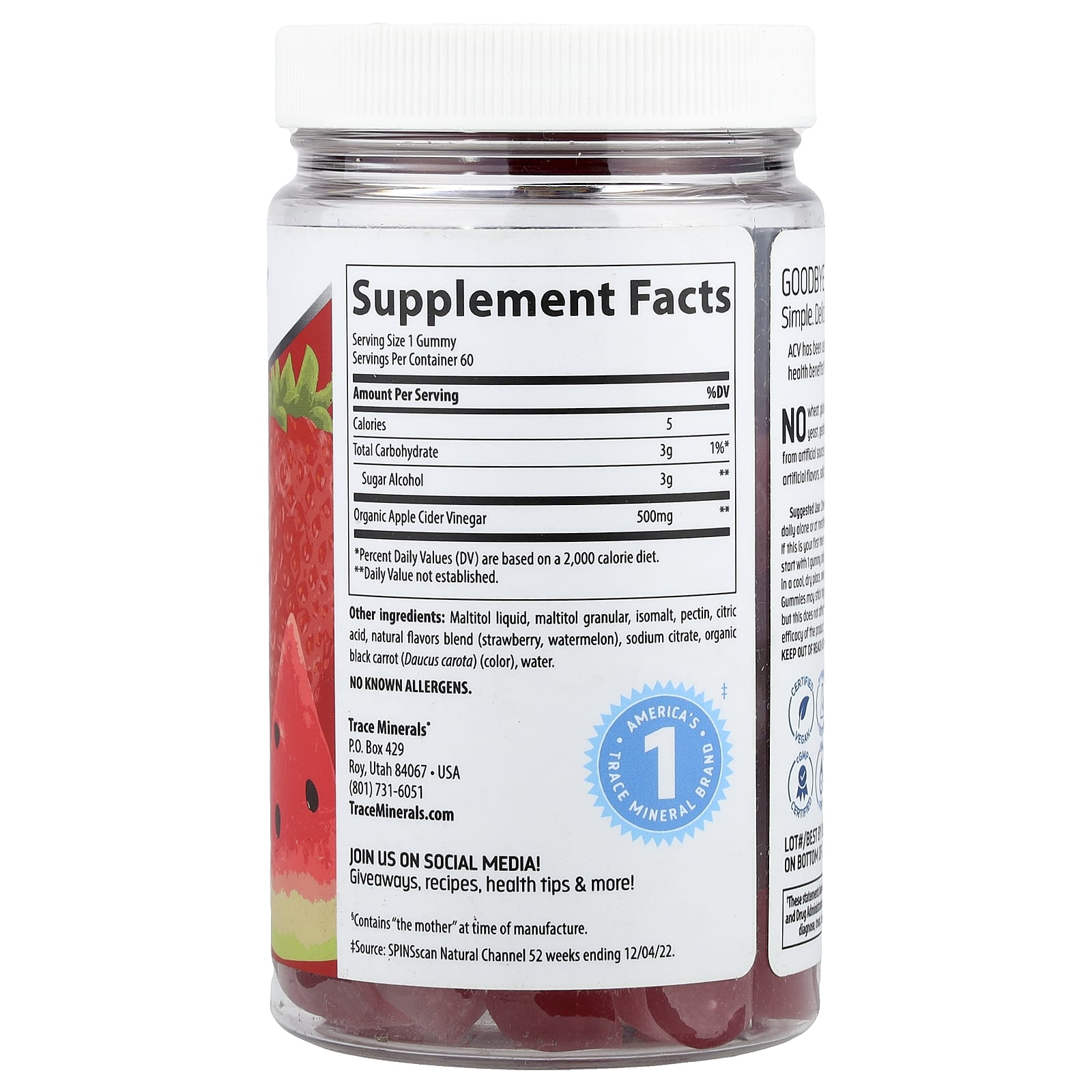 Яблочный уксус Trace Gummies, вкус Strawberry Melon, 500 мг, 60 жевательных пастилок — фото 2