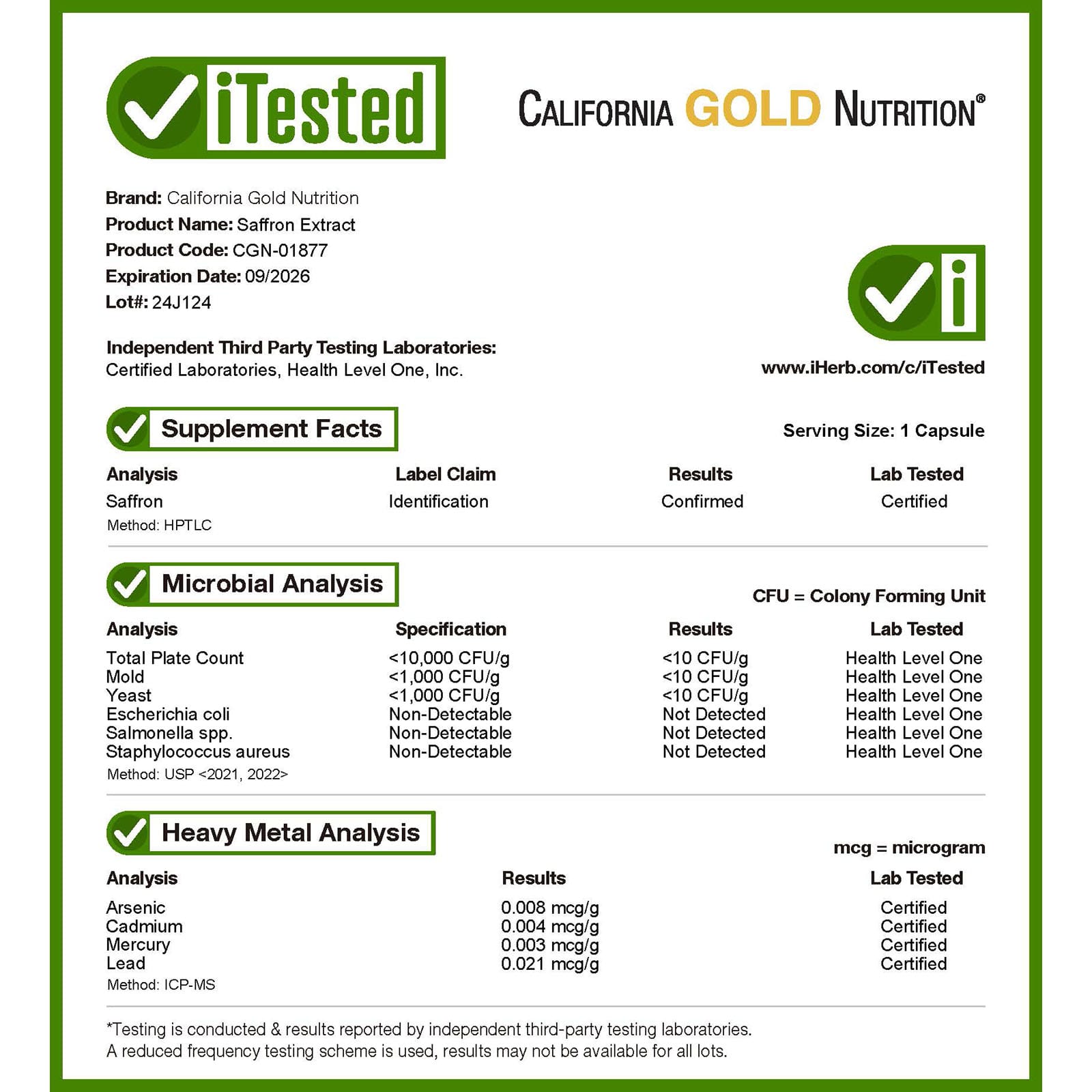 Шафран California Gold Nutrition Extract with Affron®, 28 мг, 60 растительных капсул — фото 2