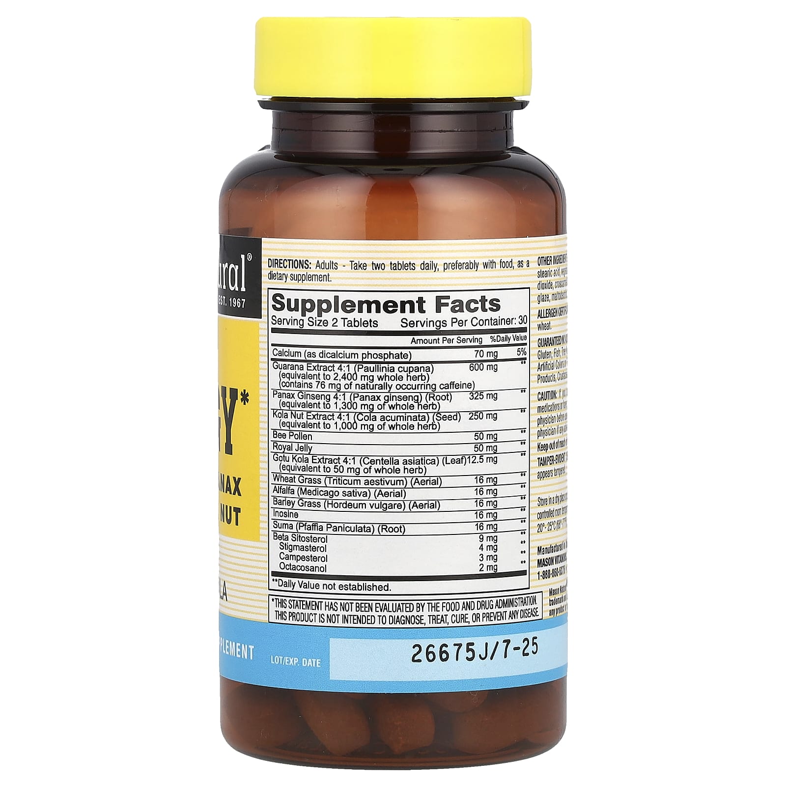 Женьшень Mason Natural Super Energy with Guarana Panax & Kola Nut, 60 таблеток — фото 2