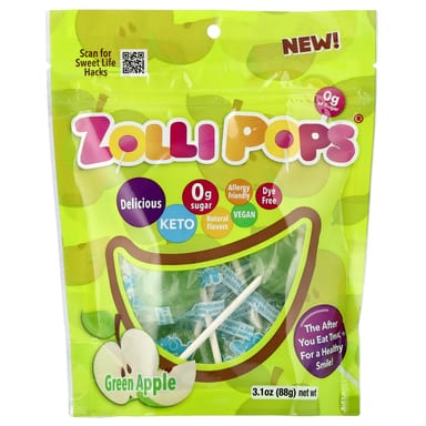 Конфеты для чистки зубов Zollipops, Зеленое яблоко, 88 г