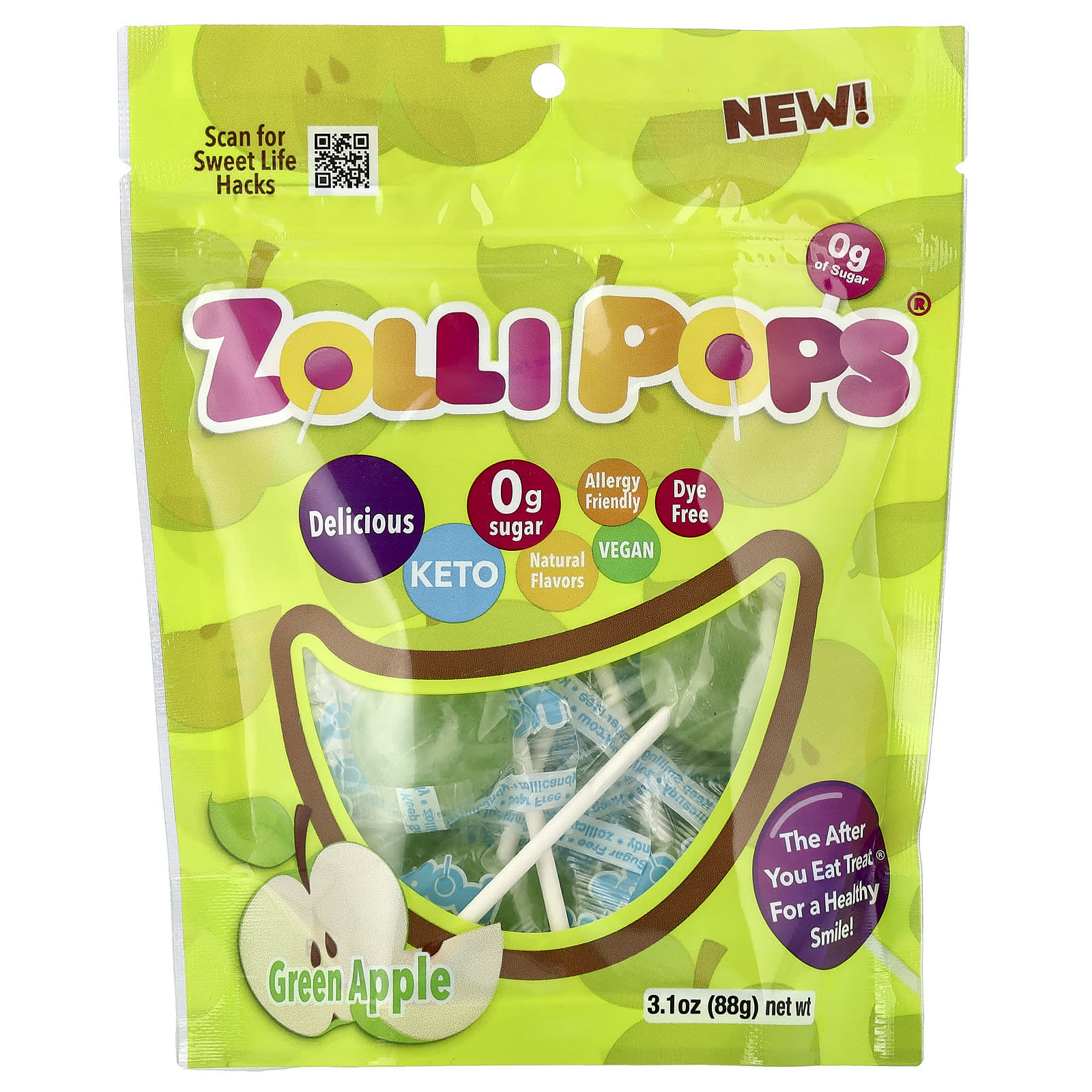 Конфеты для чистки зубов Zollipops, Зеленое яблоко, 88 г