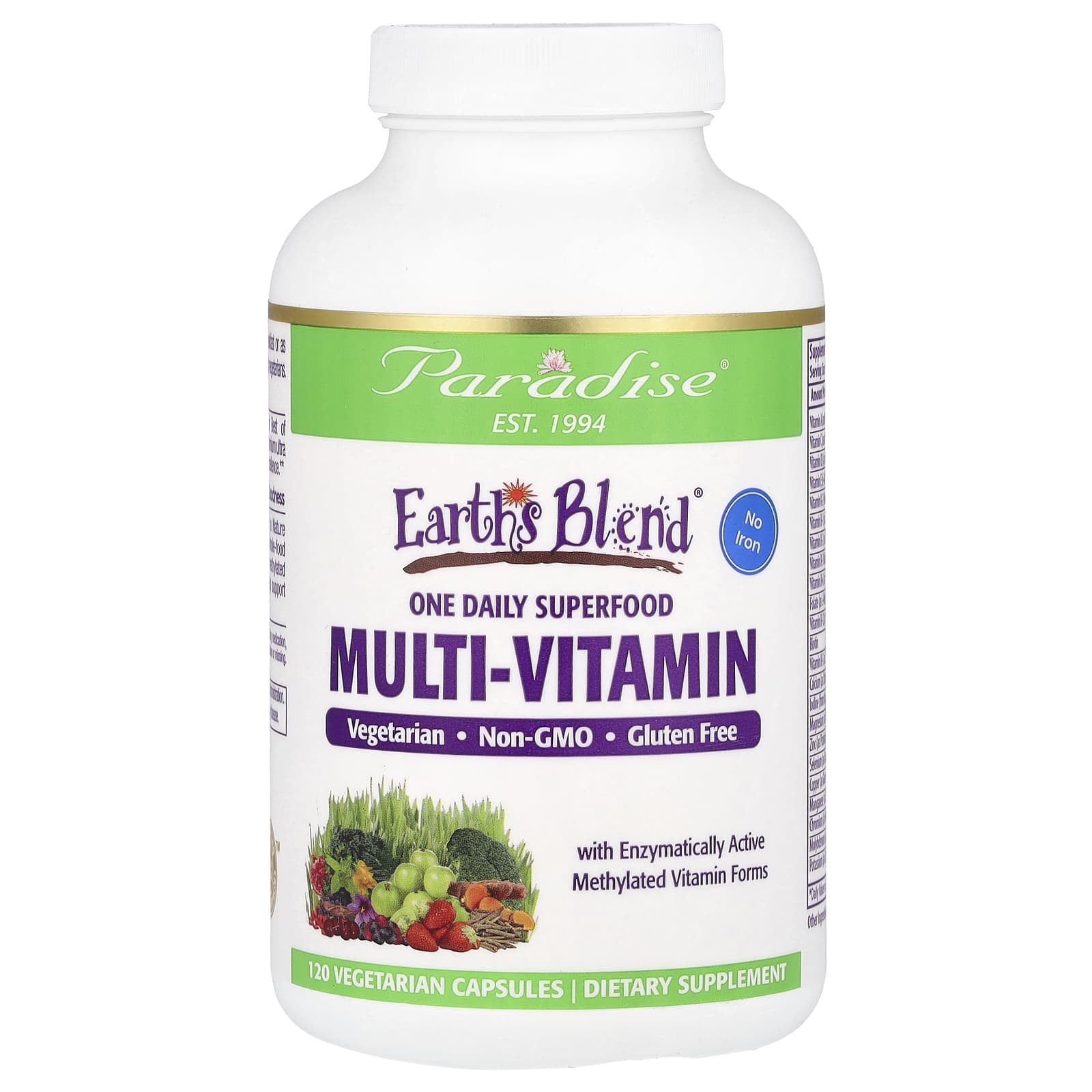 Мультивитамины Paradise Herbs Earth's Blend® One Daily Superfood No Iron, 120 растительных капсул