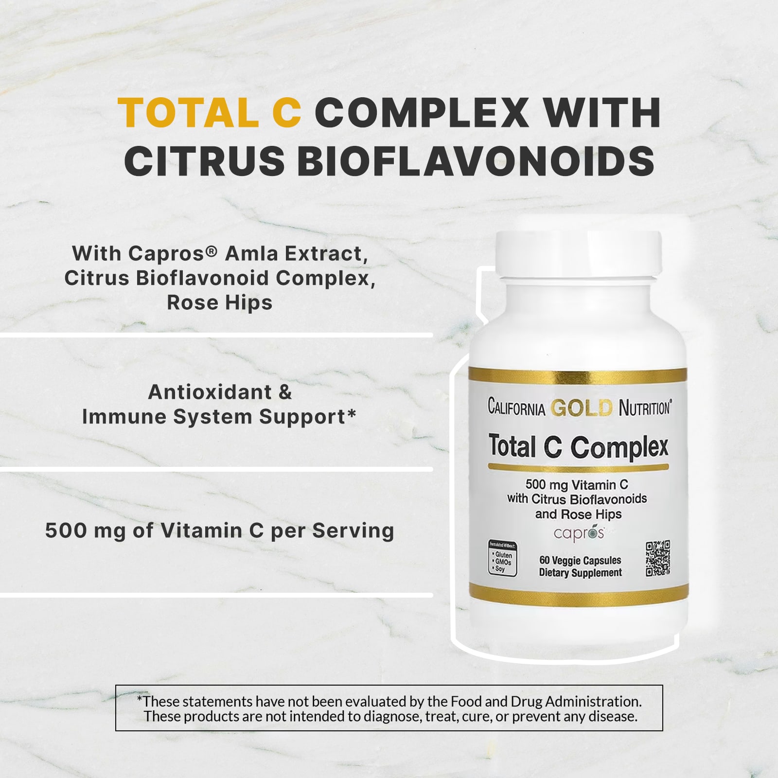 Комплекс California Gold Nutrition Total C with Ascorbic Acid Amla Extract Citrus Bioflavonoids & Rose Hip Extract, 500 мг, 60 растительных капсул — фото 6