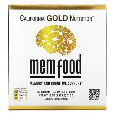 Ежовик гребенчатый California Gold Nutrition MEM Food Memory & Cognitive Support with MEM Blend L-Serine Organic and Blueberry Juice Powder, оттенок 60 Packets, 8.5 г, саше