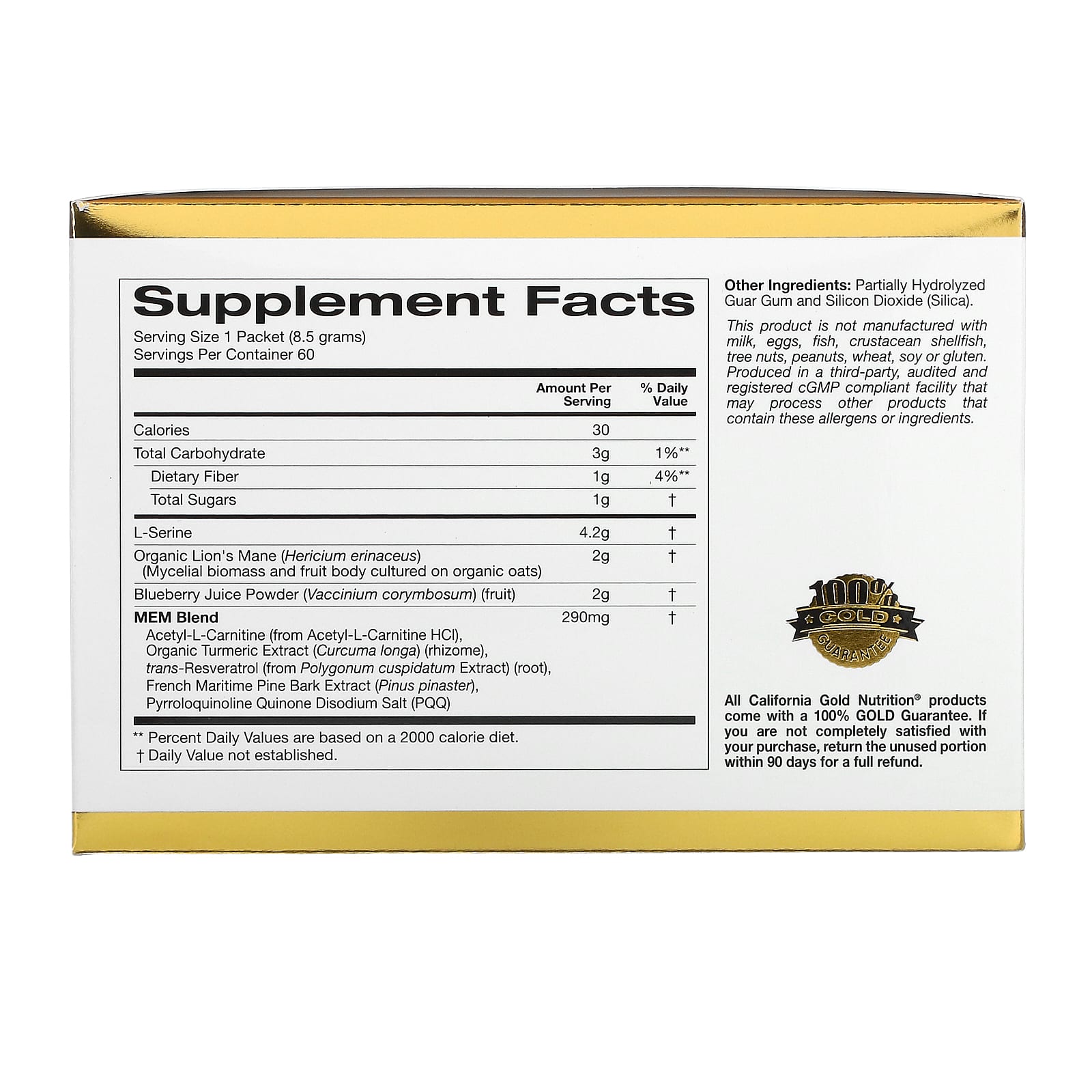 Ежовик гребенчатый California Gold Nutrition MEM Food Memory & Cognitive Support with MEM Blend L-Serine Organic and Blueberry Juice Powder, оттенок 60 Packets, 8.5 г, саше — фото 3