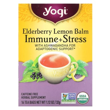 Бузина Yogi Tea Immune Stress 16 Tea Bags, без кофеина, вкус Elderberry Lemon Balm, 32 г, чайные пакетики