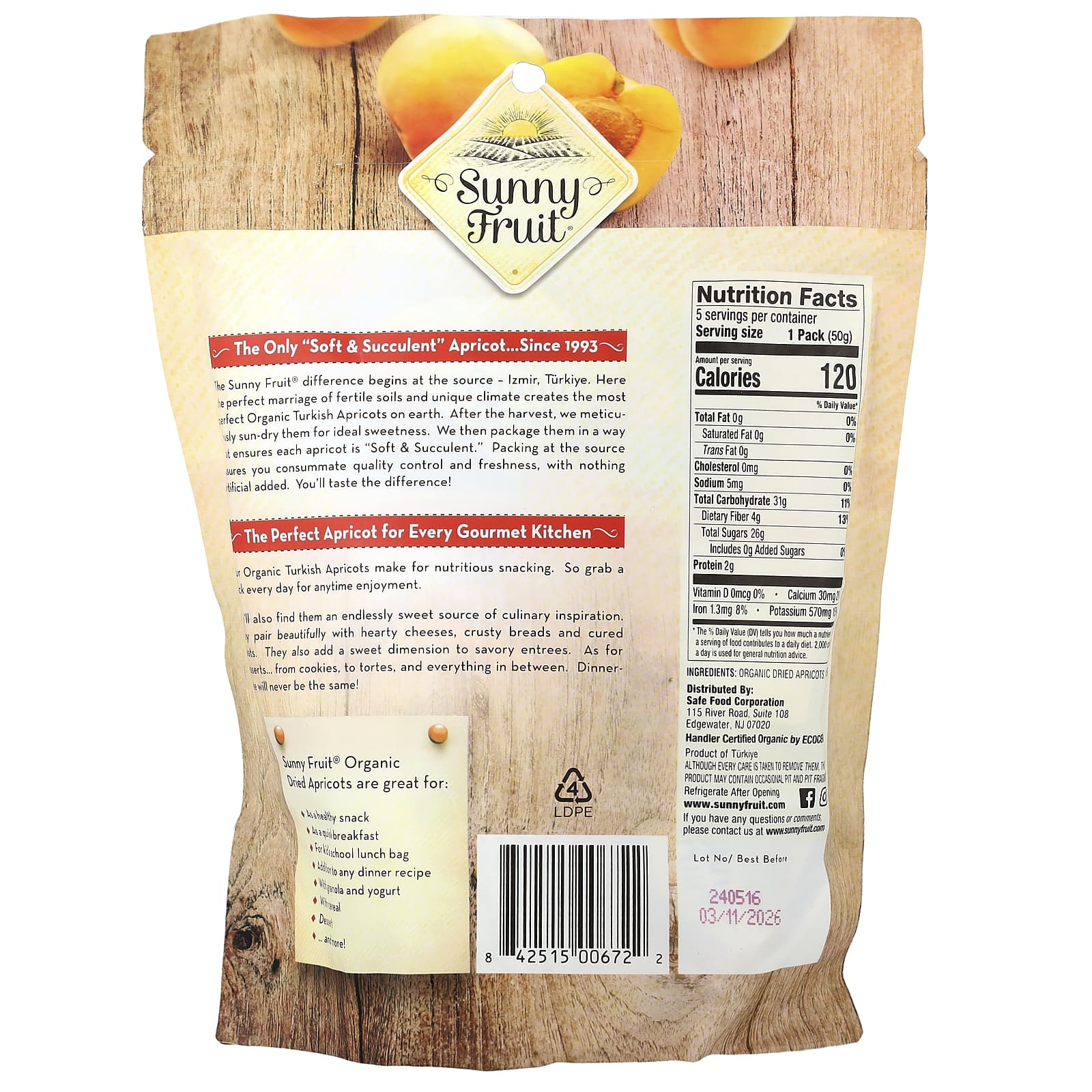 Сушёные абрикосы Sunny Fruit Organic 5 Portion Packs, 50 г — фото 3