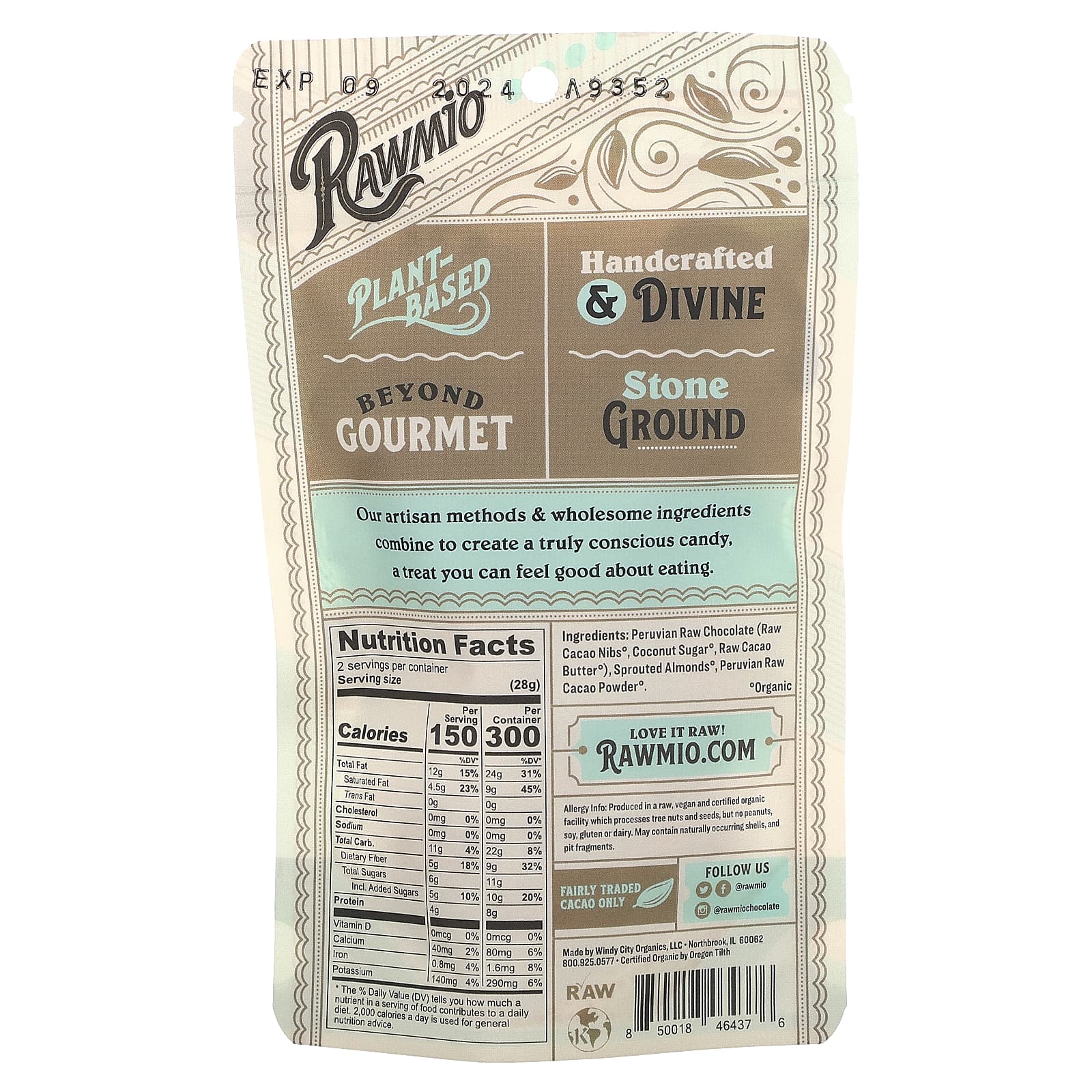 Шоколад Rawmio, вкус Chocolate Covered Sprouted Almonds, 56.7 г — фото 2