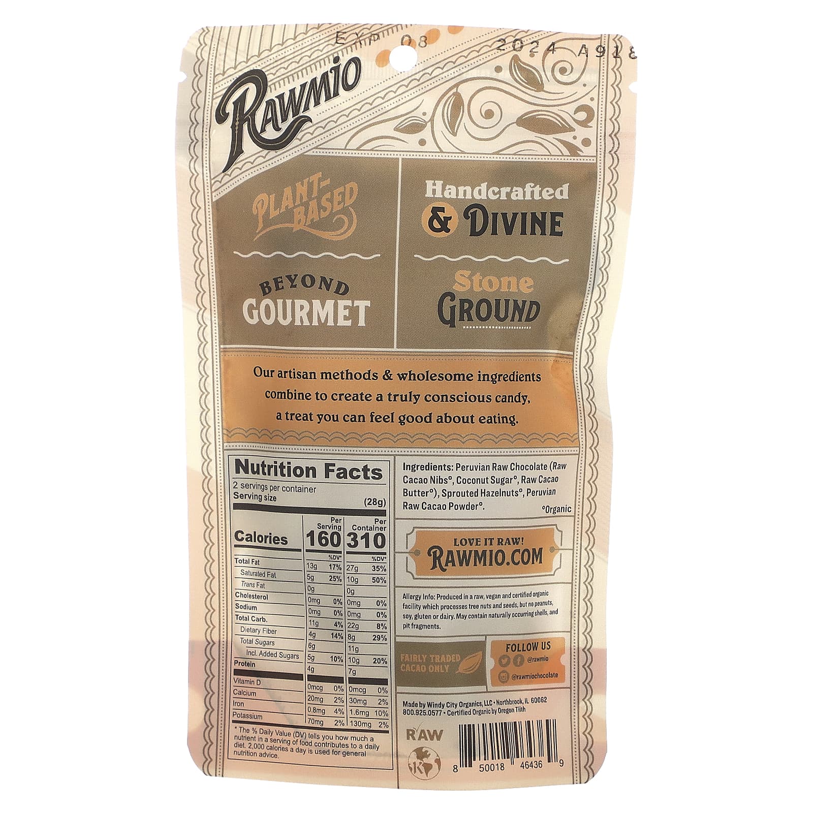 Шоколад Rawmio, вкус Chocolate Covered Sprouted Hazelnuts, 56.7 г — фото 2