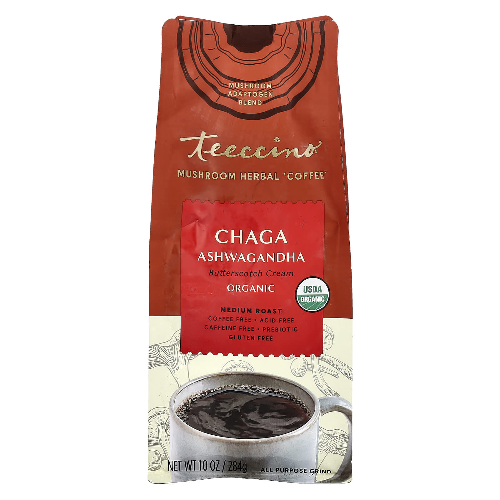 Ашваганда Teeccino Mushroom Herbal Coffee Chaga Medium Roast, без кофеина, 284 г
