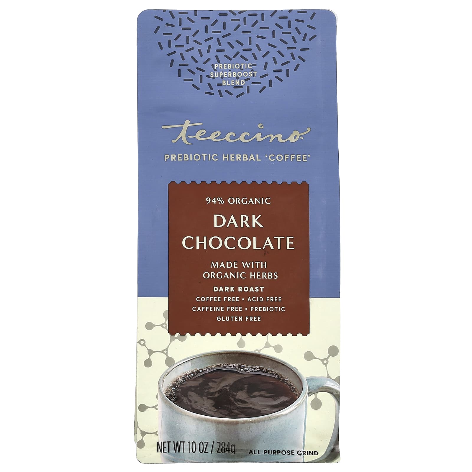 Темный шоколад Teeccino Prebiotic Herbal Coffee Dark Roast, без кофеина, вкус Dark Chocolate, 284 г