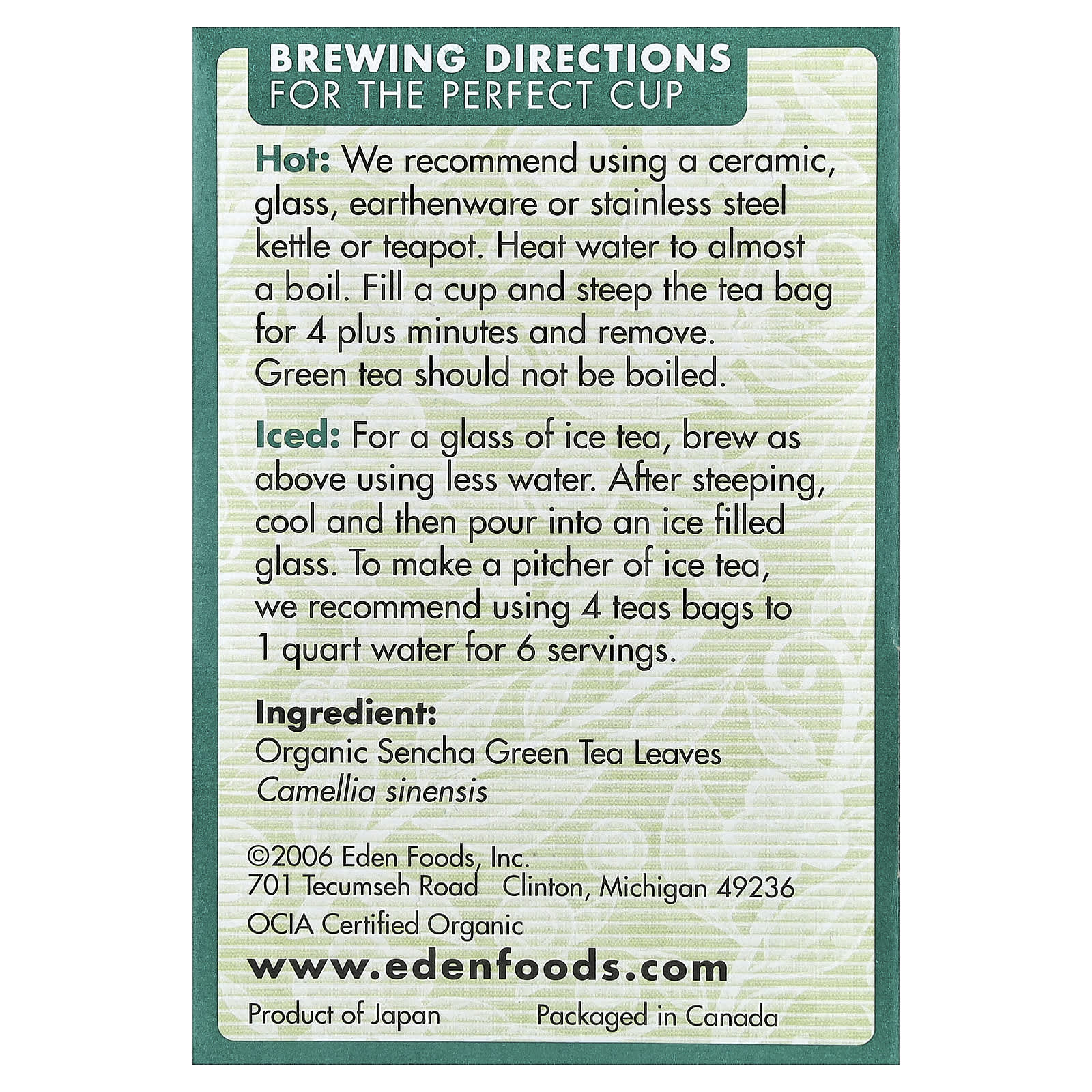 Зеленый чай Eden Foods Organic Sencha 16 Tea Bags, 24 г, чайные пакетики — фото 3
