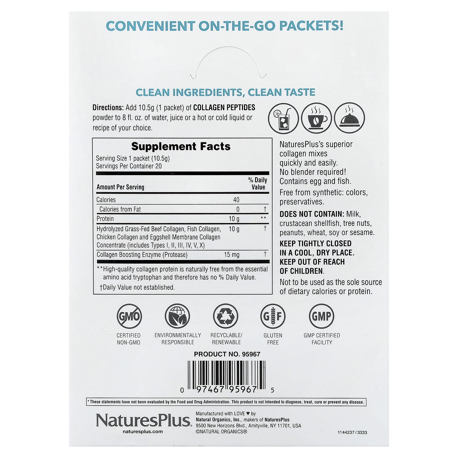 Коллаген NaturesPlus Peptides, оттенок 20 Stick Packets, 10.5 г, саше — фото 3