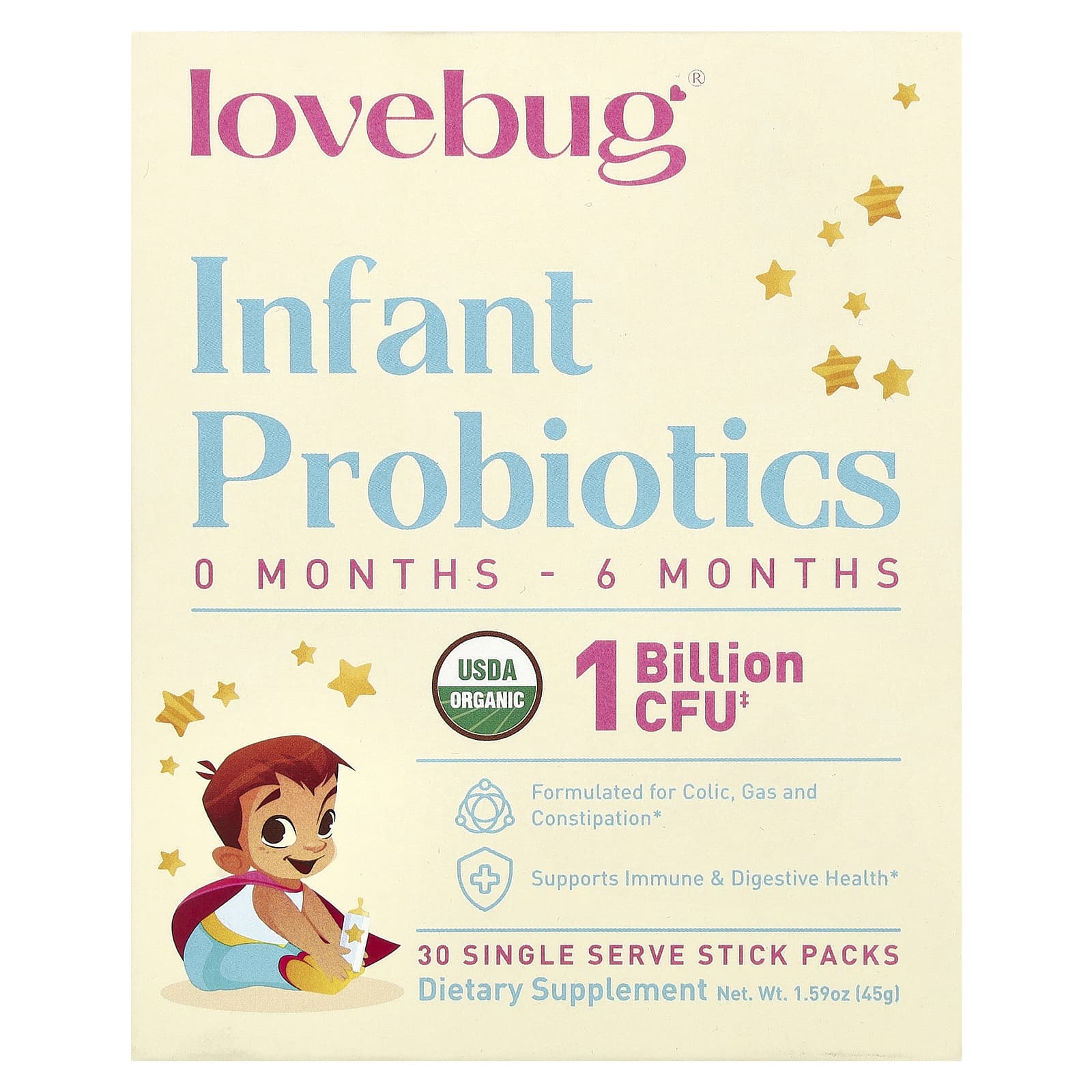 Пробиотик LoveBug Probiotics Infant 30 Single Serve Stick Packs, оттенок 0-6 Months, 1 млрд КОЕ, 1.5 г, стик — фото 2