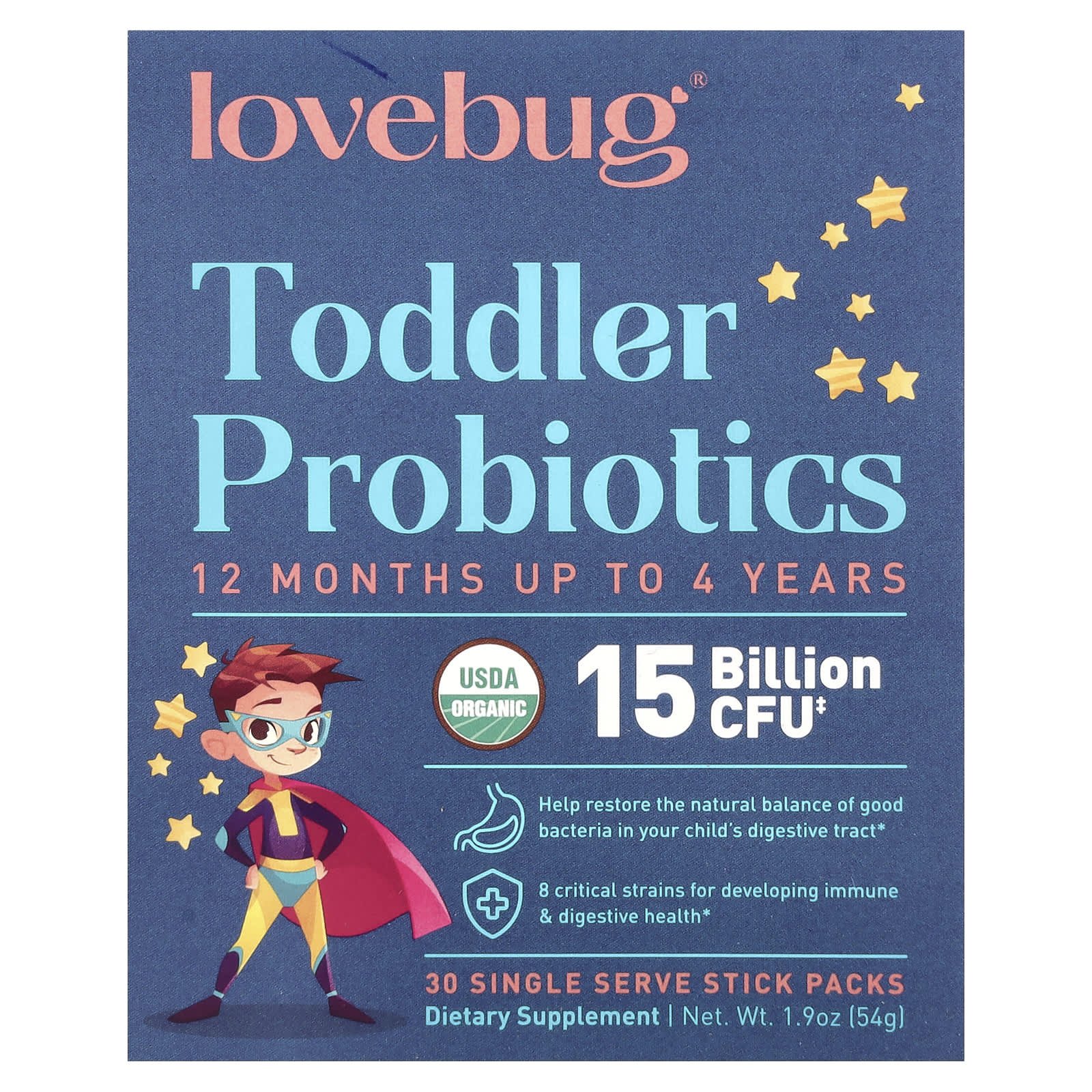 Пробиотик LoveBug Probiotics Toddler 30 Single Serve Stick Packs, оттенок 12 Months Up To 4 Years, 15 млрд КОЕ, 1.8 г, стик — фото 2