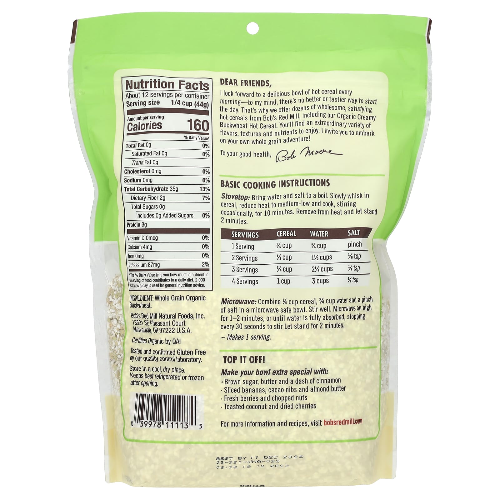 Хлопья Bob's Red Mill Organic Creamy Buckwheat Hot Whole Grain, 510 г — фото 2