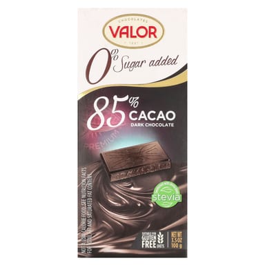Темный шоколад Valor 0% Sugar Added 85% Cacao, вкус Dark Chocolate, 100 г