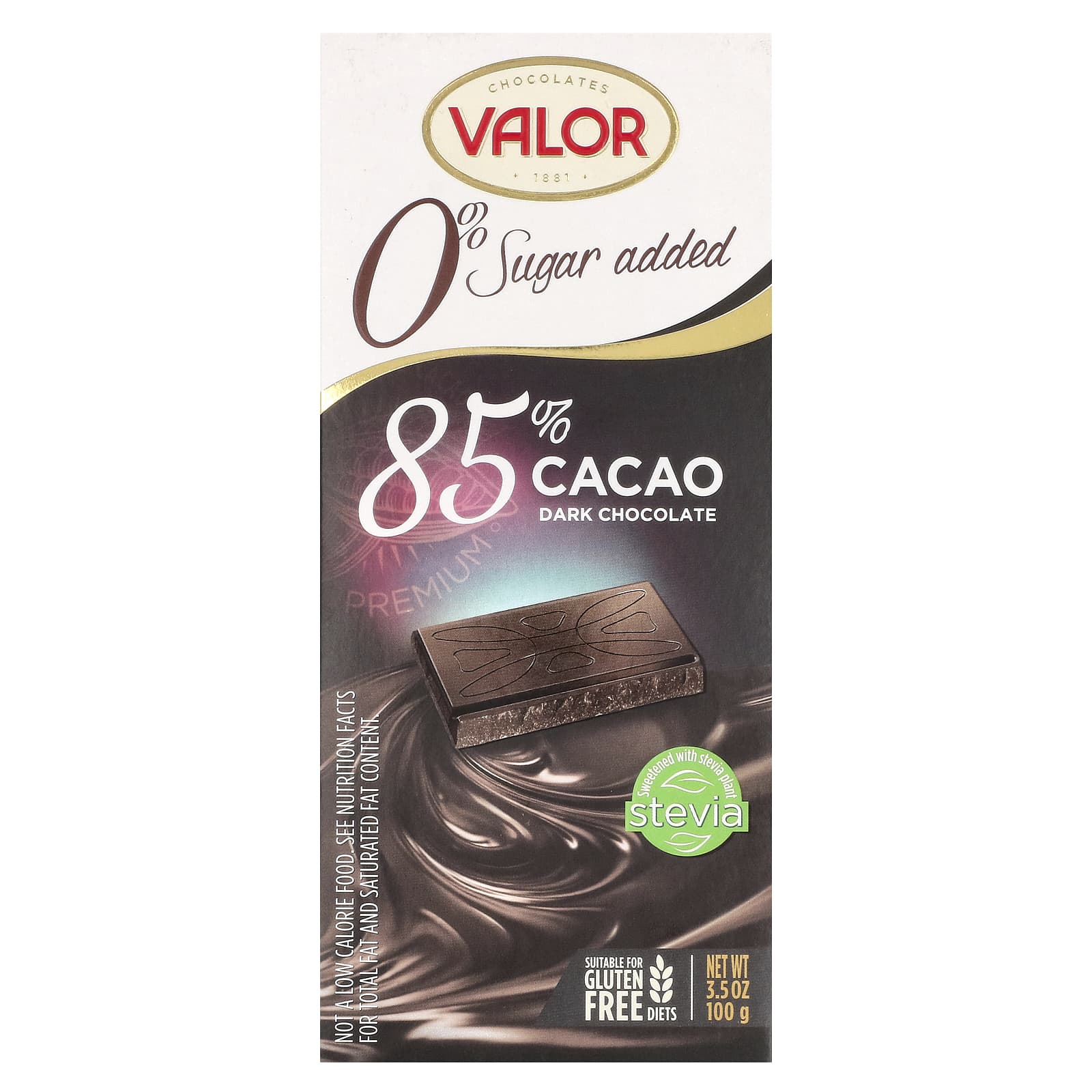 Темный шоколад Valor 0% Sugar Added 85% Cacao, вкус Dark Chocolate, 100 г