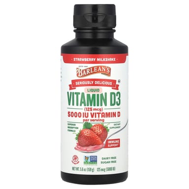 Витамин D3 Barlean's Seriously Delicious Liquid, вкус Strawberry Milkshake, 125 мкг (5000 МЕ), 159 г, жидкая форма