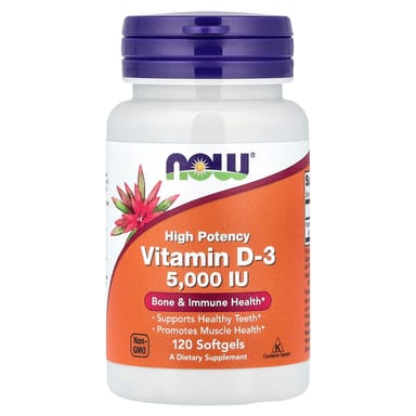 Витамин D3 NOW Foods High Potency, 125 мкг (5000 МЕ), 120 мягких капсул