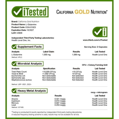 L-глютамин California Gold Nutrition L-Glutamine AjiPure®, 500 мг, 120 растительных капсул
