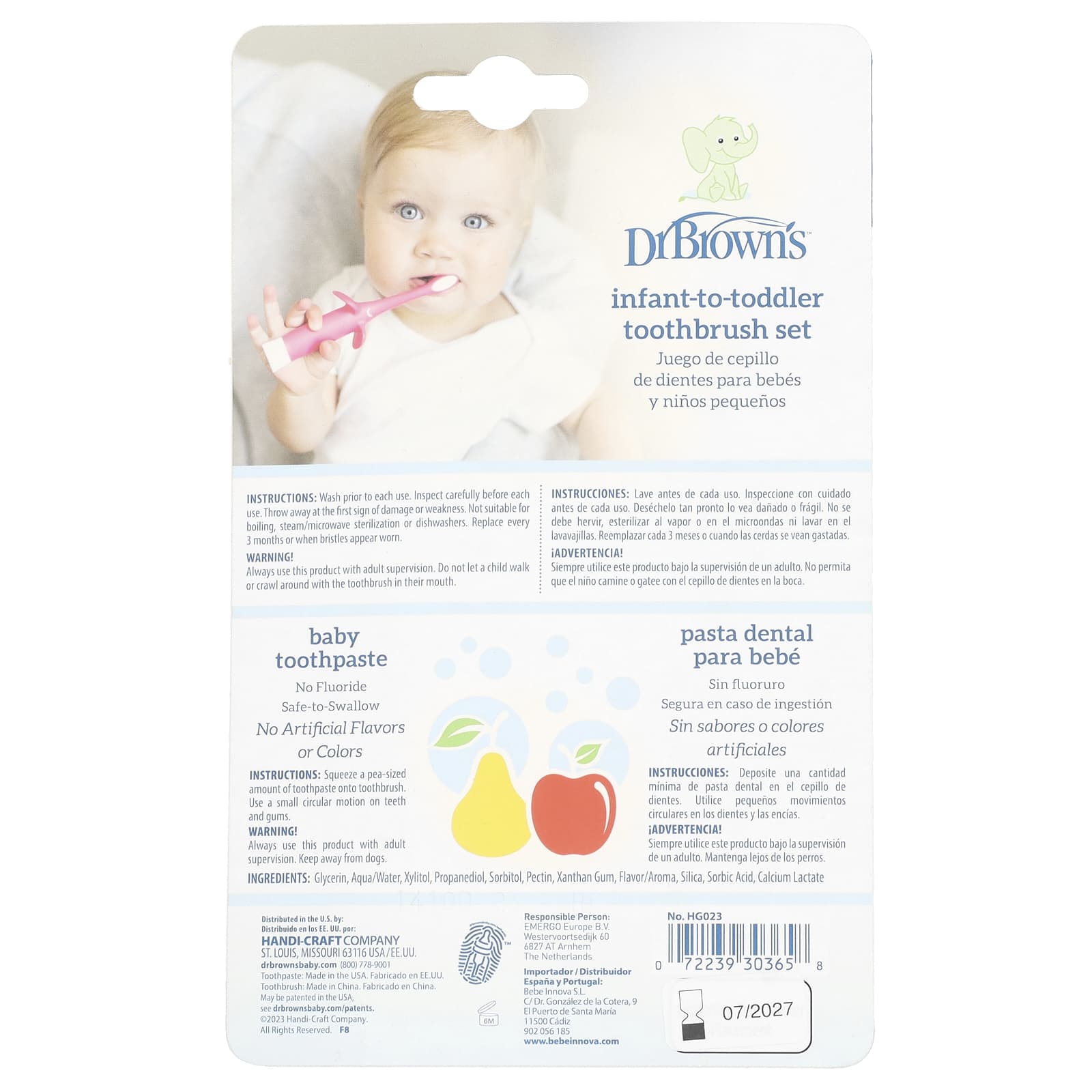 Детская зубная щётка Dr. Brown's Infant to Toddler Set 0-3 Years Pink, вкус Apple Pear, набор из 2 предметов — фото 2