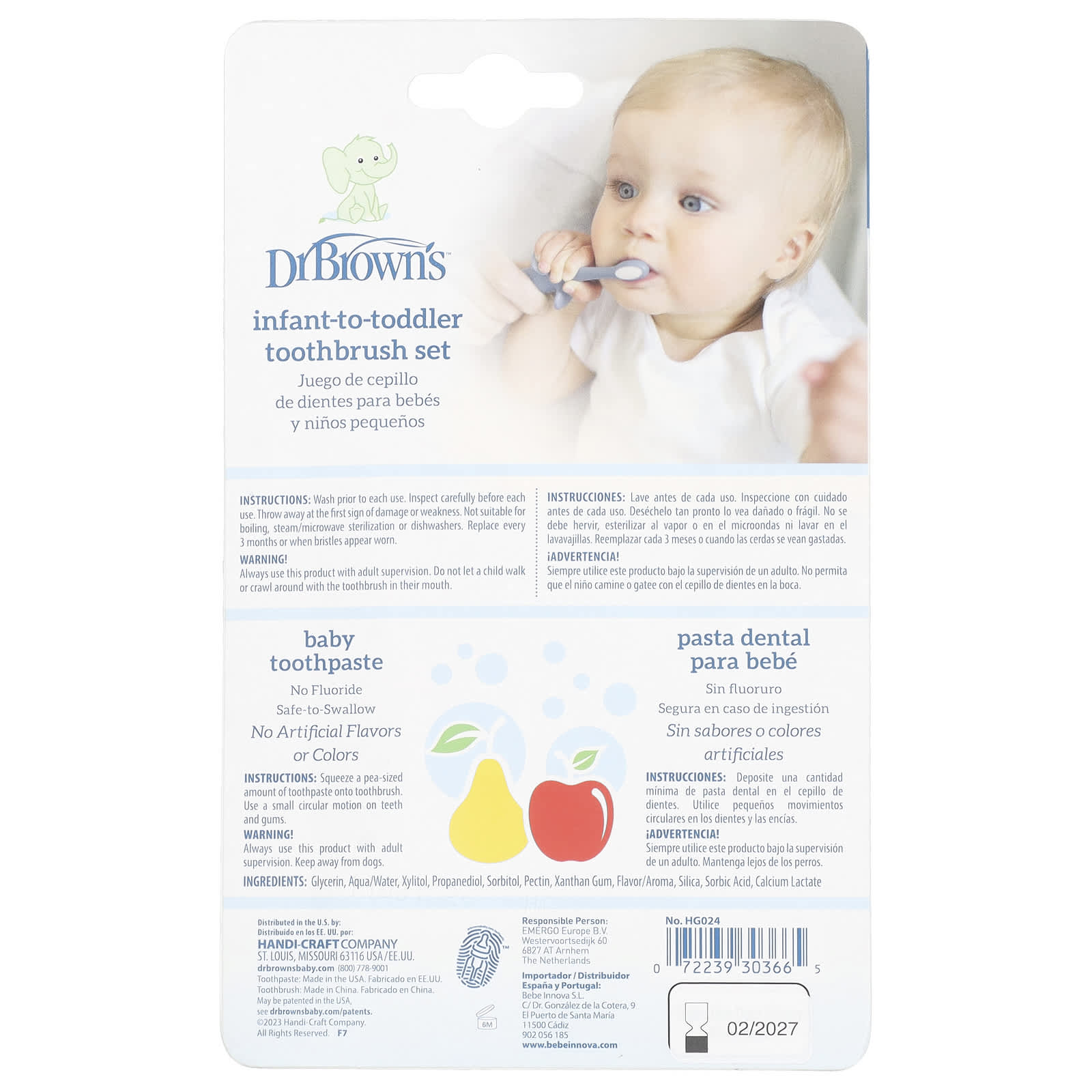 Детская зубная щётка Dr. Brown's Infant to Toddler Set 0-3 Years Blue, вкус Apple Pear, набор из 2 предметов — фото 2