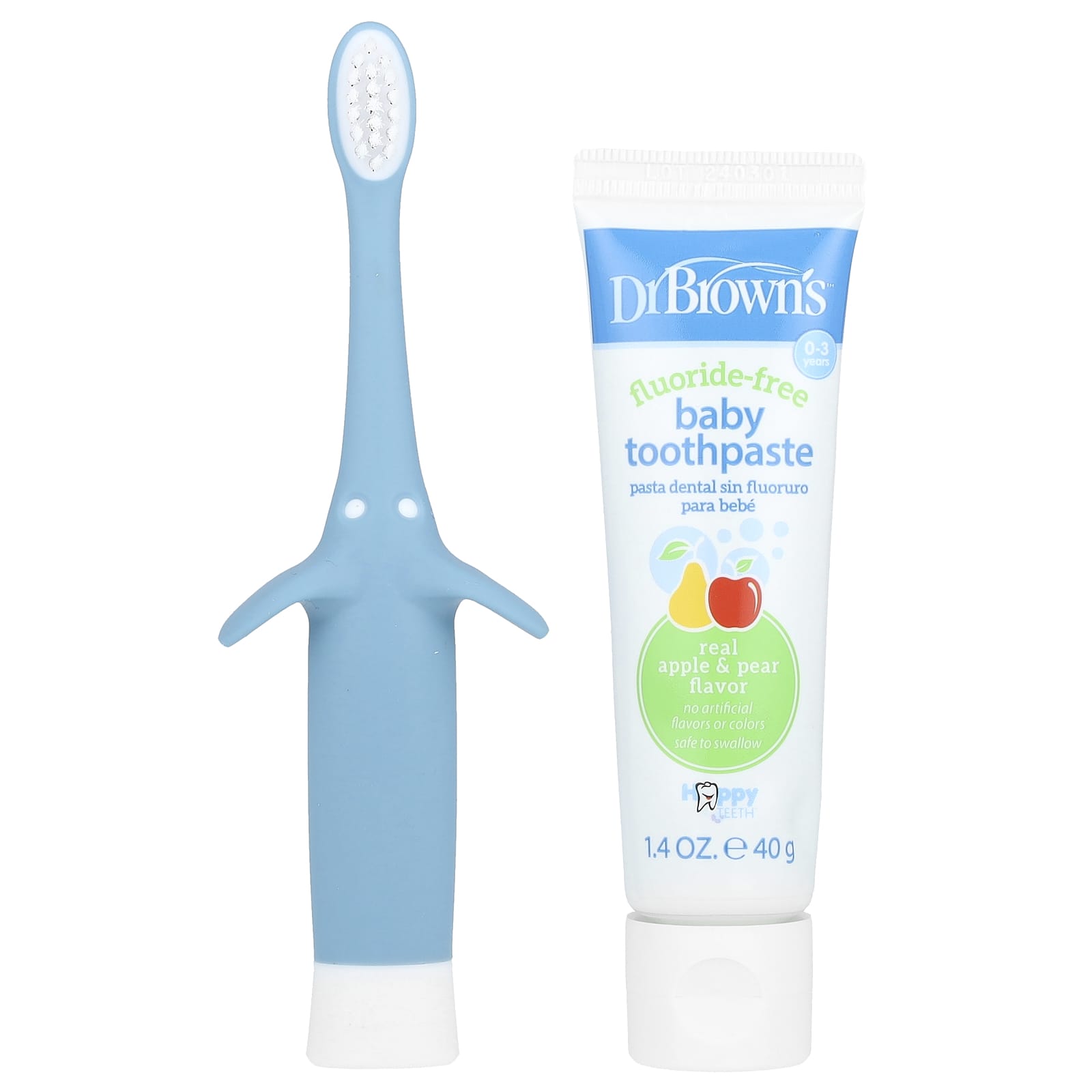 Детская зубная щётка Dr. Brown's Infant to Toddler Set 0-3 Years Blue, вкус Apple Pear, набор из 2 предметов — фото 3