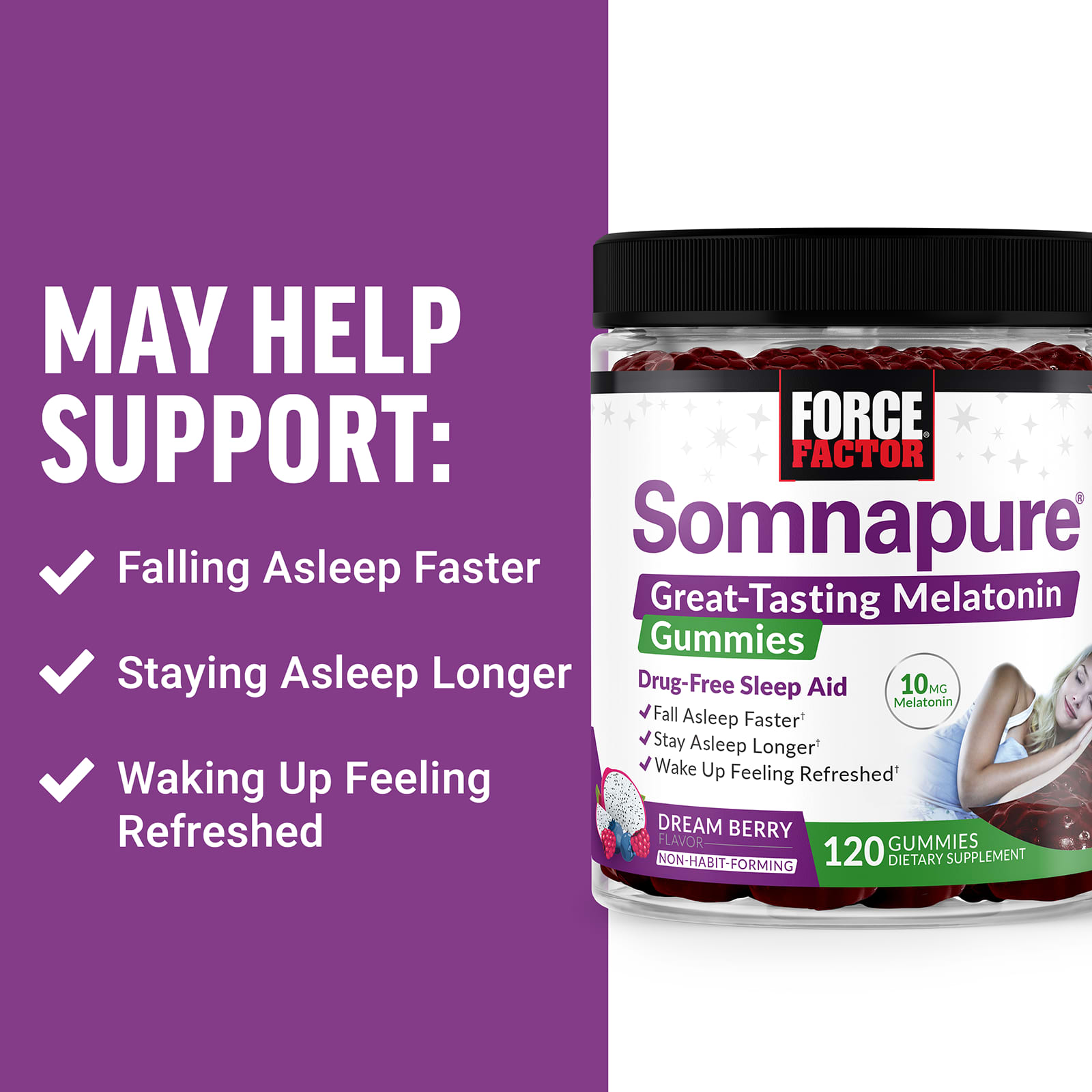Мелатонин Force Factor Somnapure® Great Tasting Gummies, вкус Dream Berry, 5 мг на пастилку, 120 жевательных пастилок